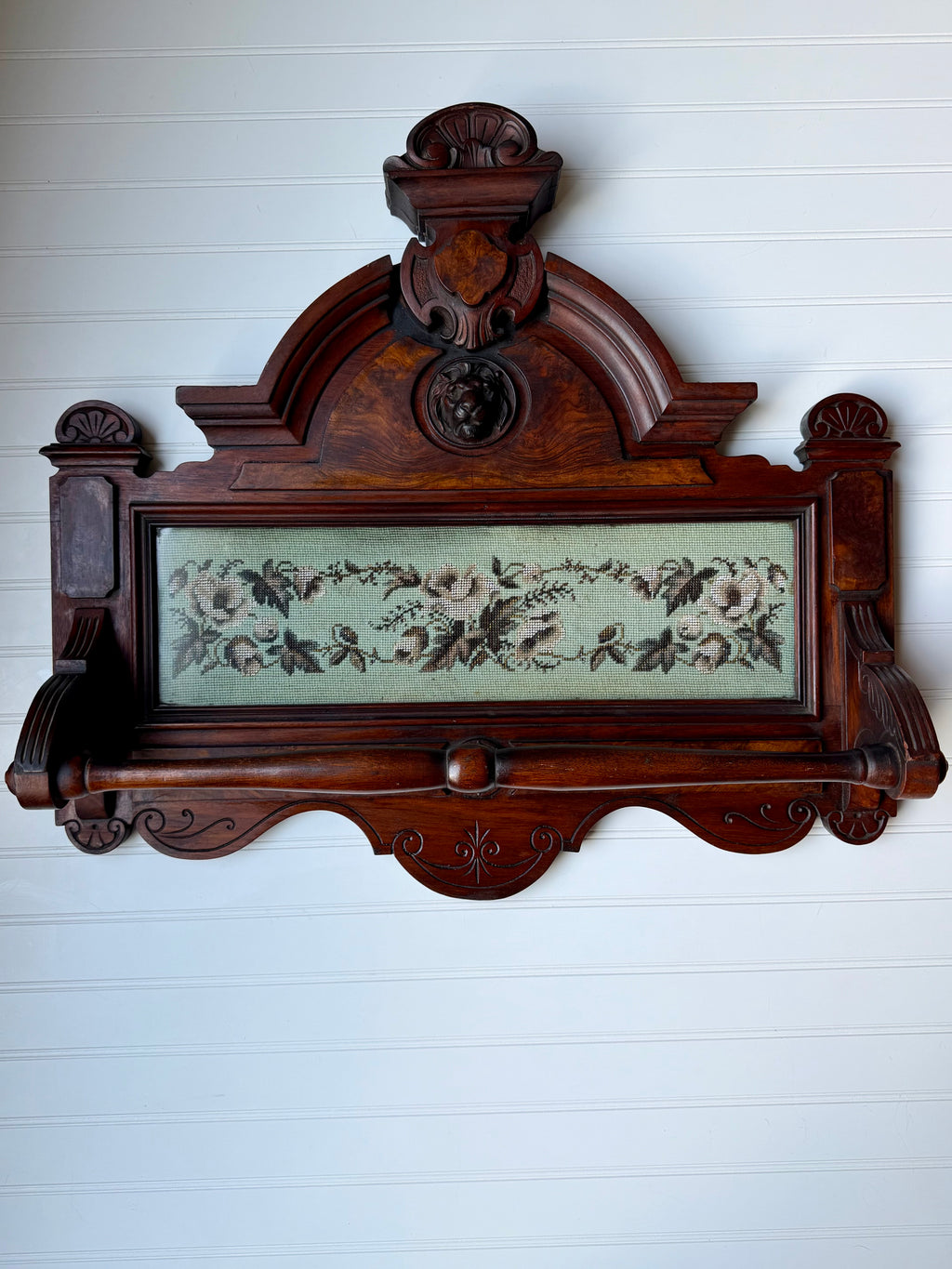 Victorian Towel Rack with Bead Work and Lion Head