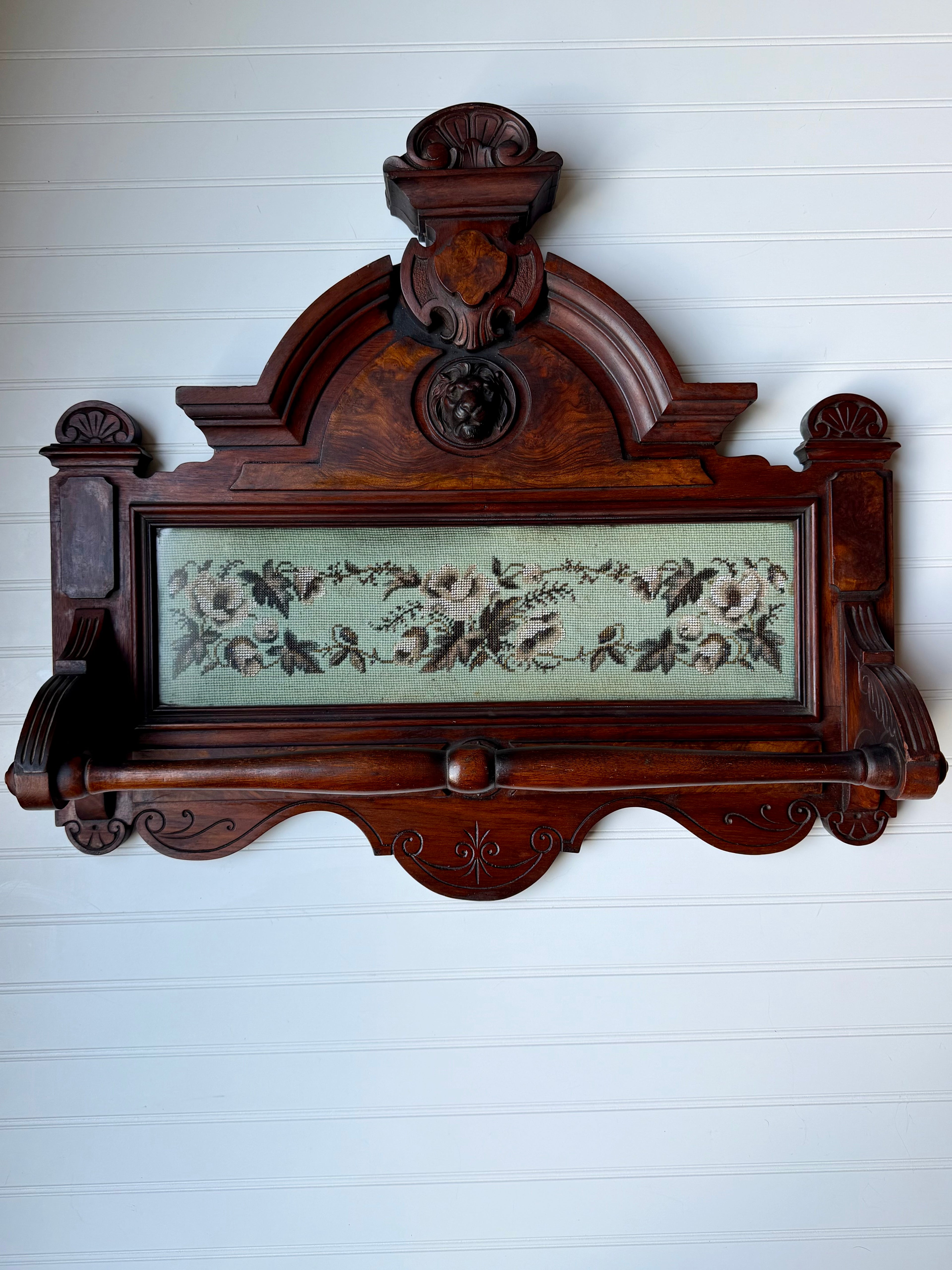 Victorian Towel Rack with Bead Work and Lion Head
