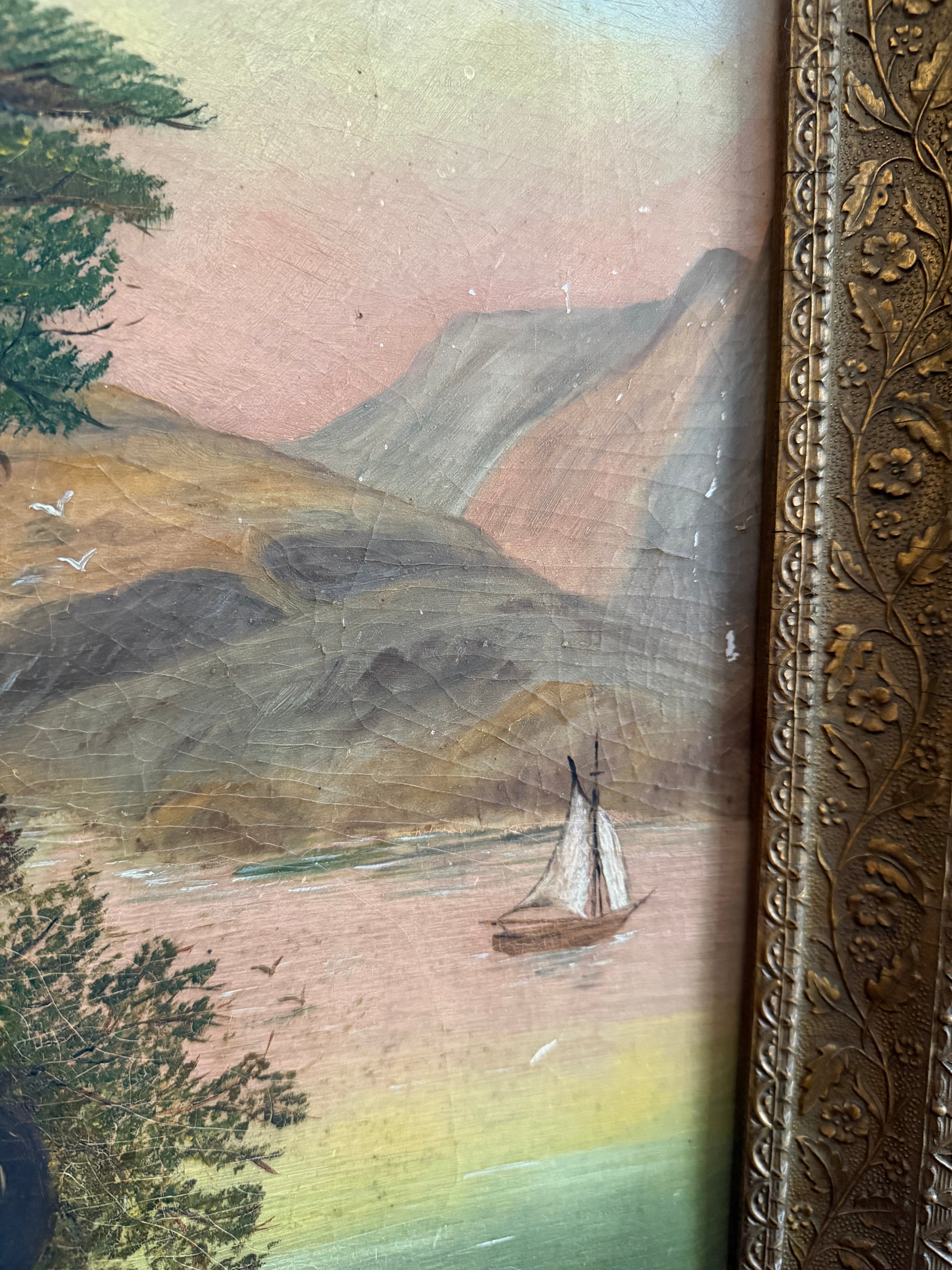 Antique Oil on Board Sunset Landscape