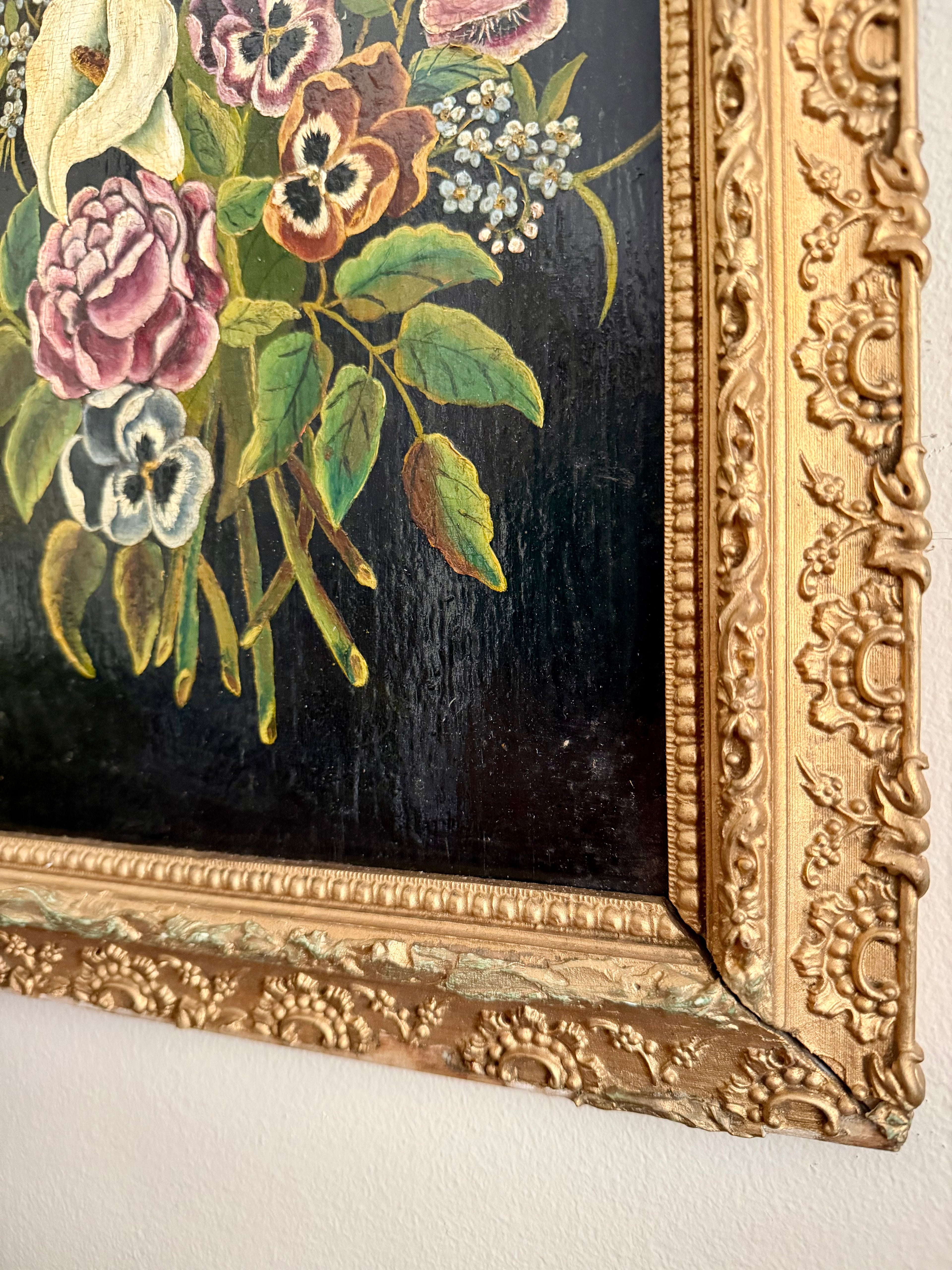 Antique Floral Painting on Wood with Lillies