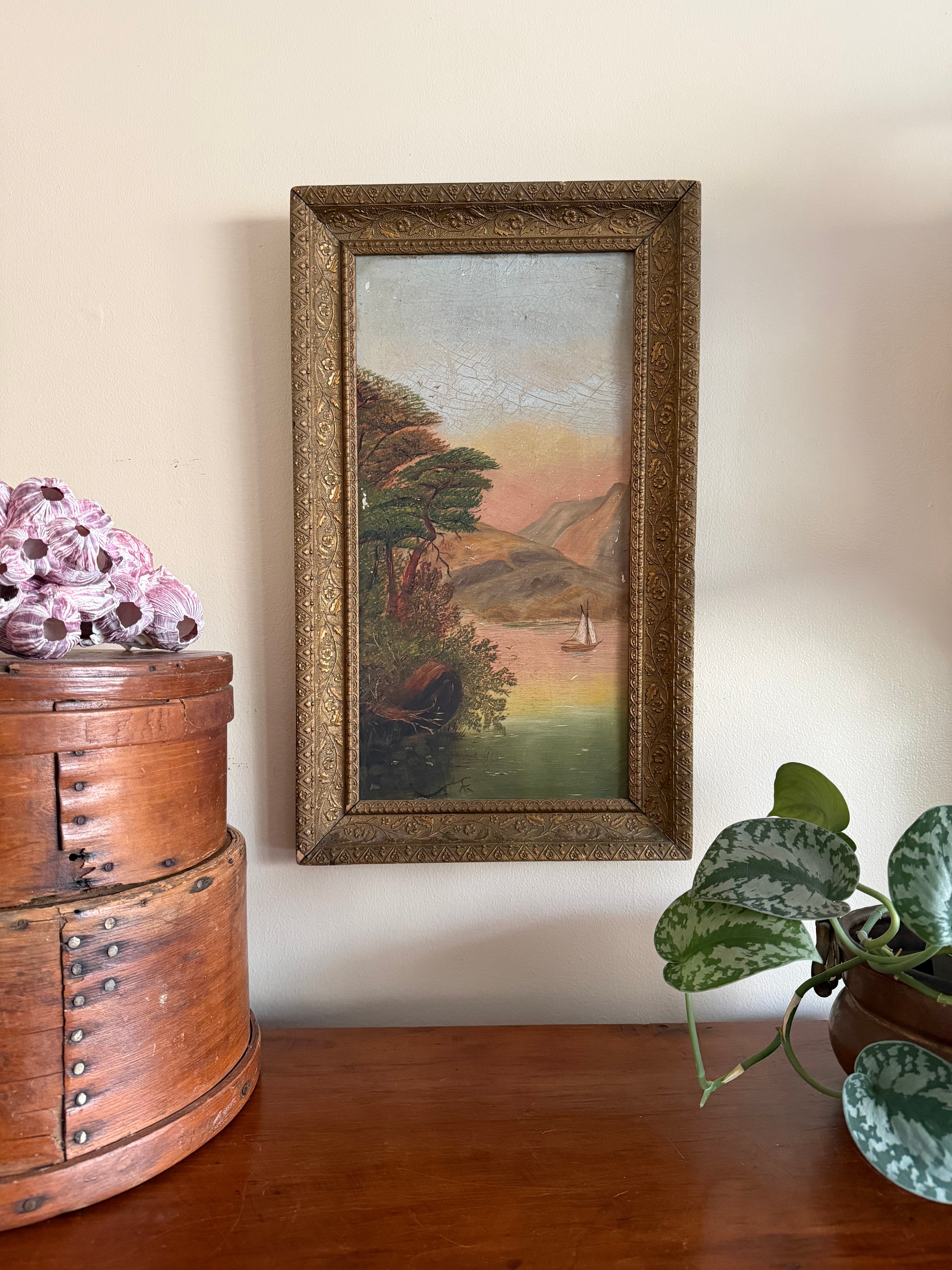 Antique Oil on Board Sunset Landscape