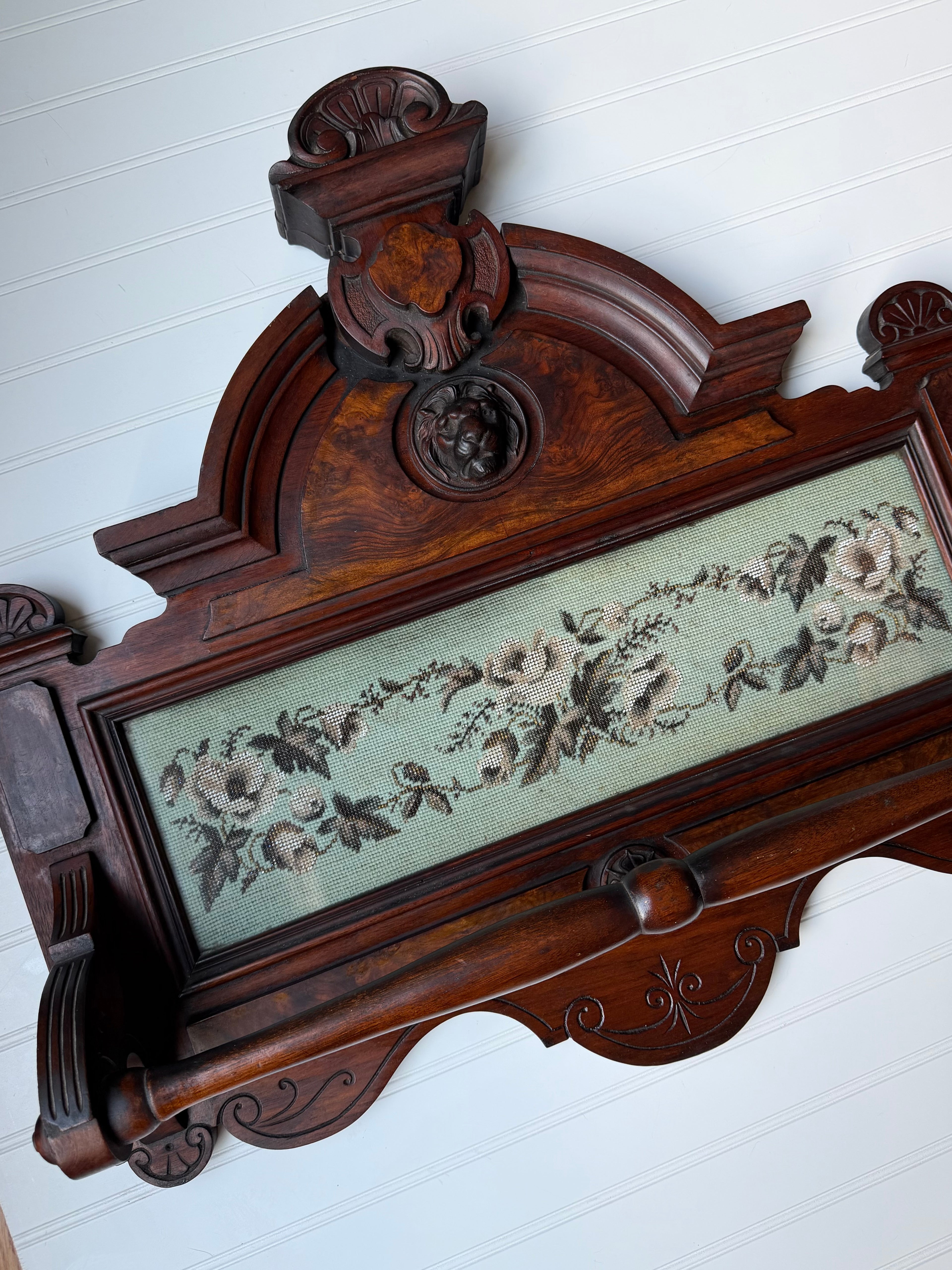 Victorian Towel Rack with Bead Work and Lion Head