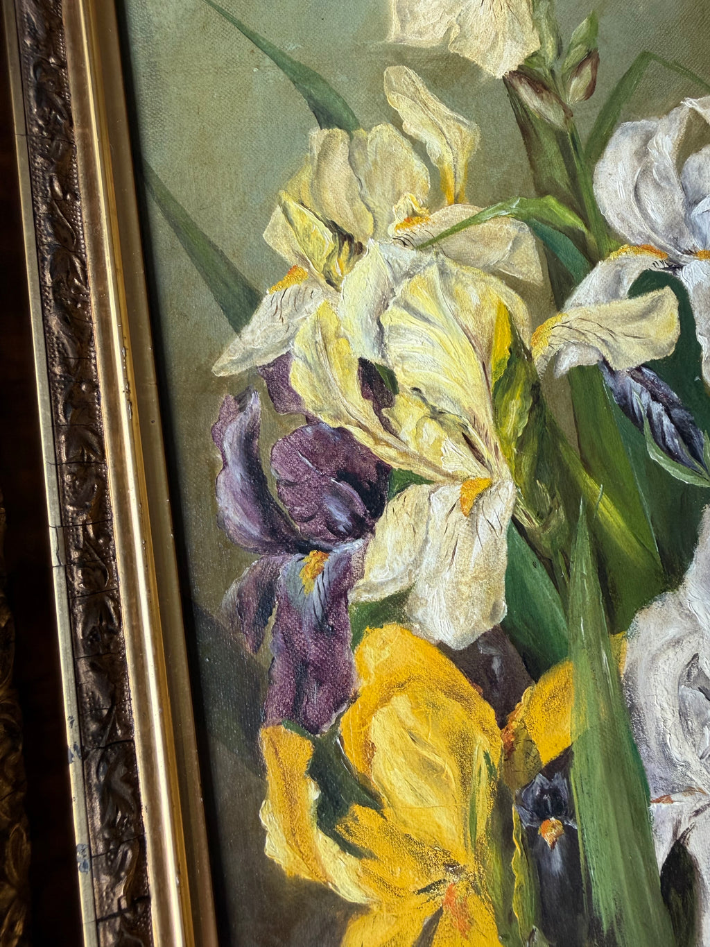 Antique Iris Oil on Canvas in Deep Guilt Frame