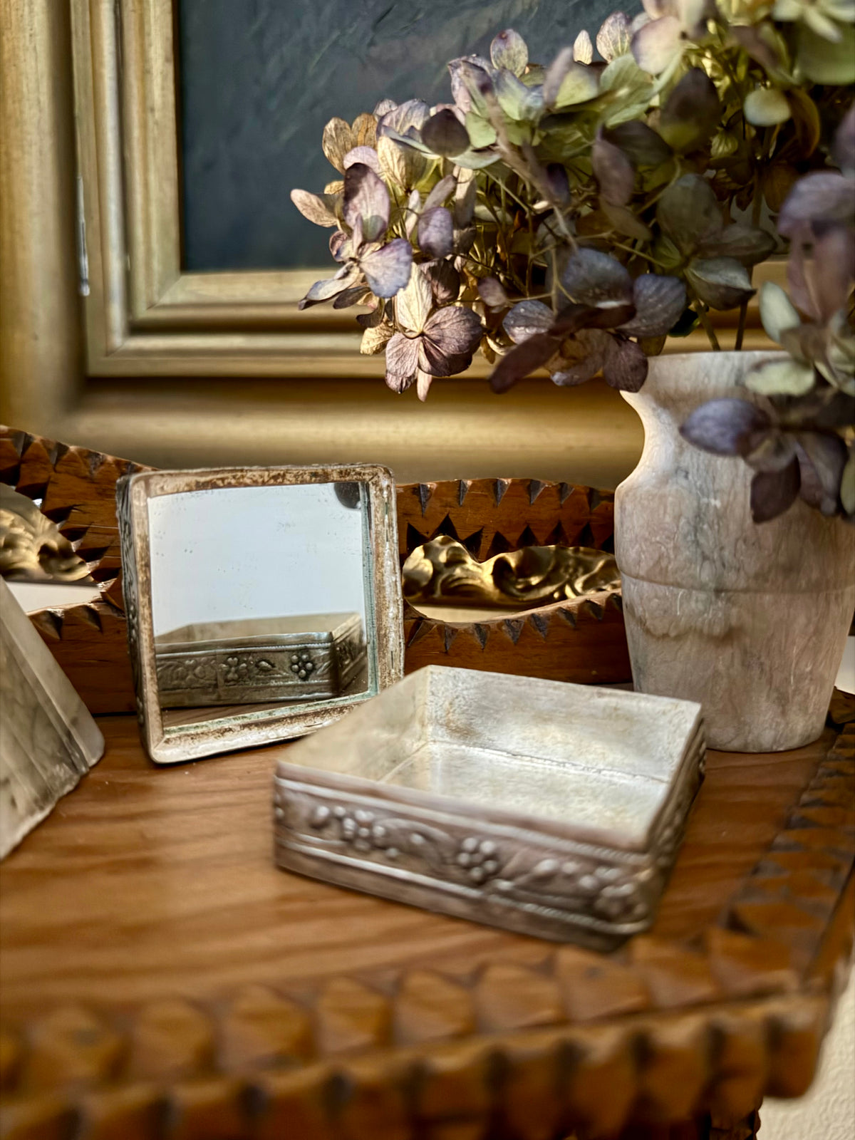 Antique Sterling Silver Floral Dresser Box with Lid Mirror