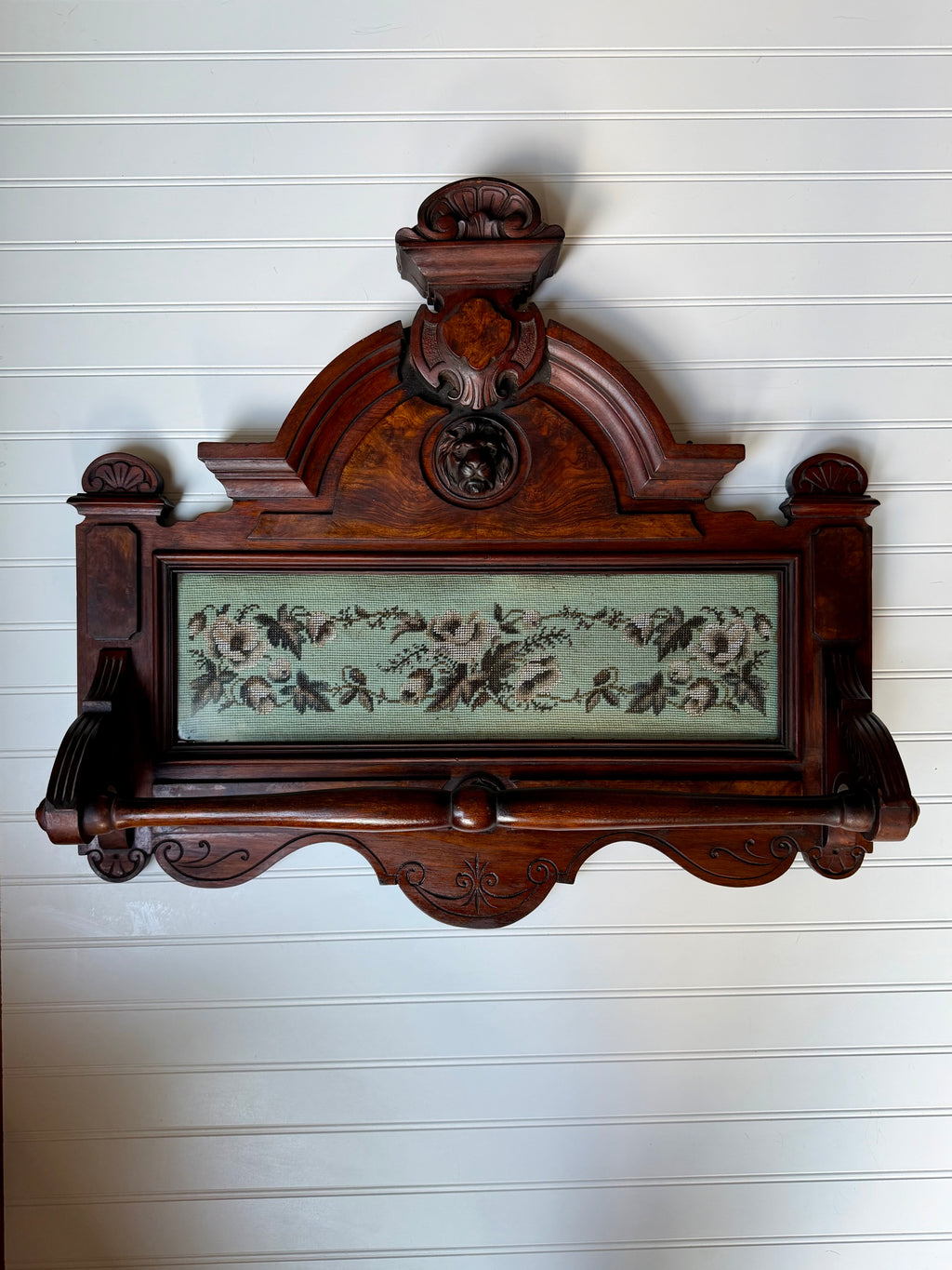 Victorian Towel Rack with Bead Work and Lion Head