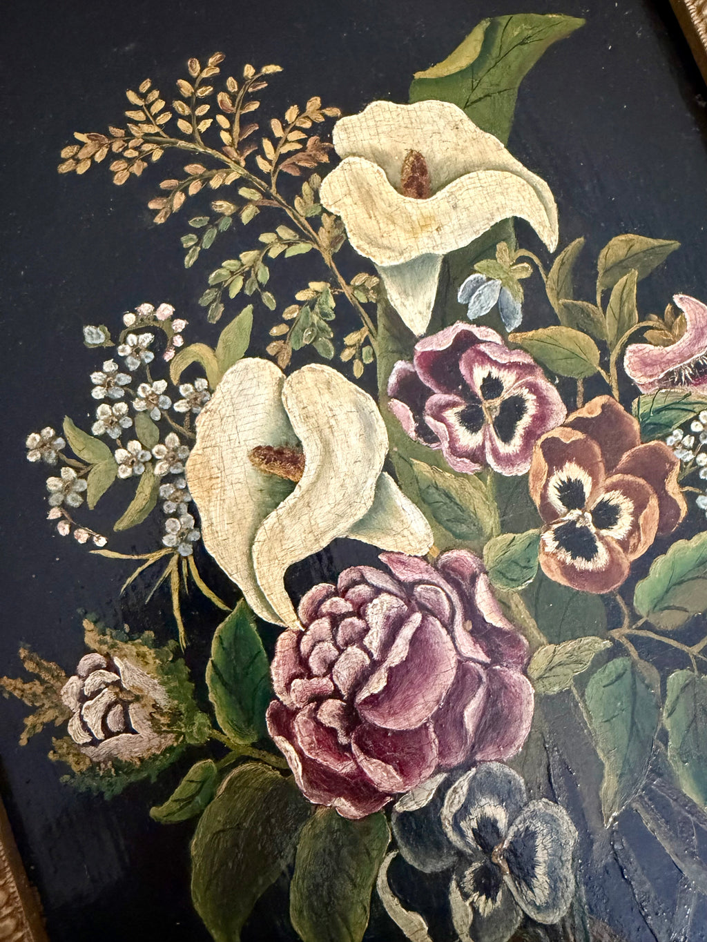 Antique Floral Painting on Wood with Lillies