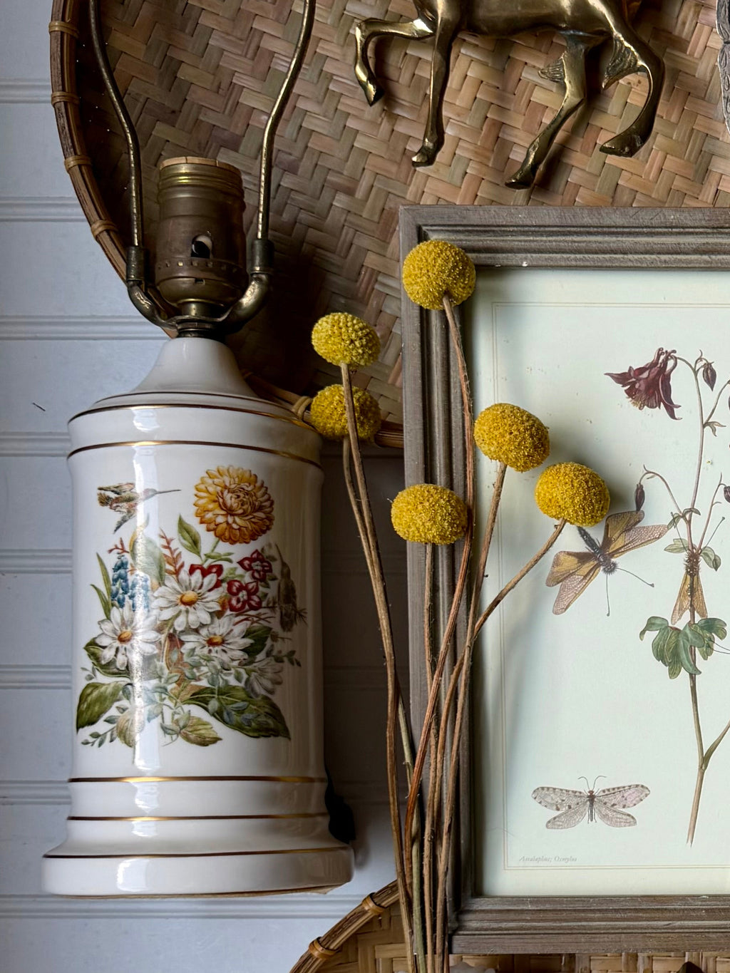 Vintage Botanical Porcelain Lamp with Humming Bird