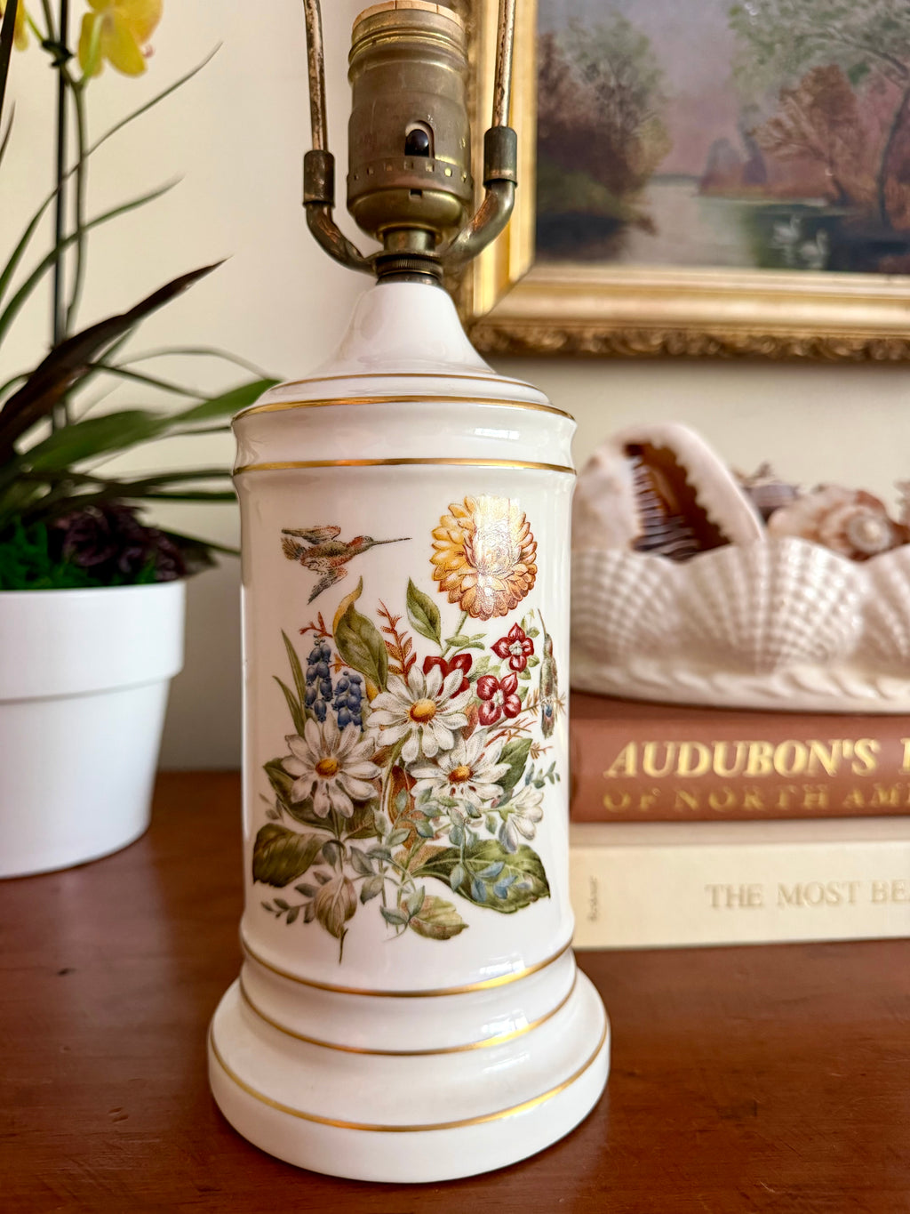Vintage Botanical Porcelain Lamp with Humming Bird