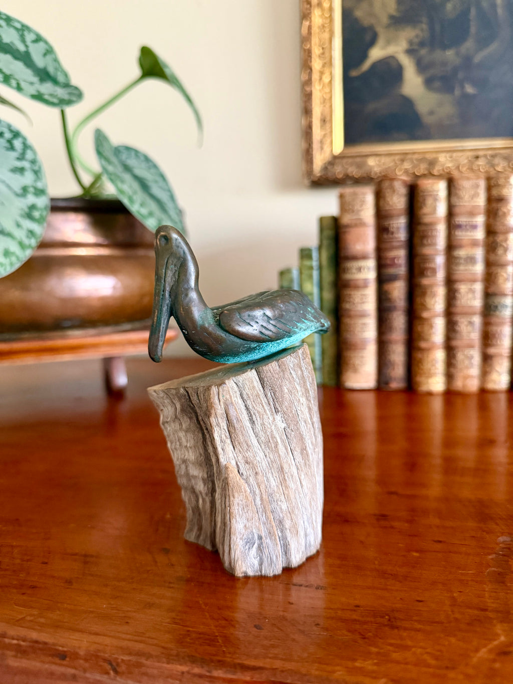 Vintage Bronze Pelican Sculpture on Driftwood Base
