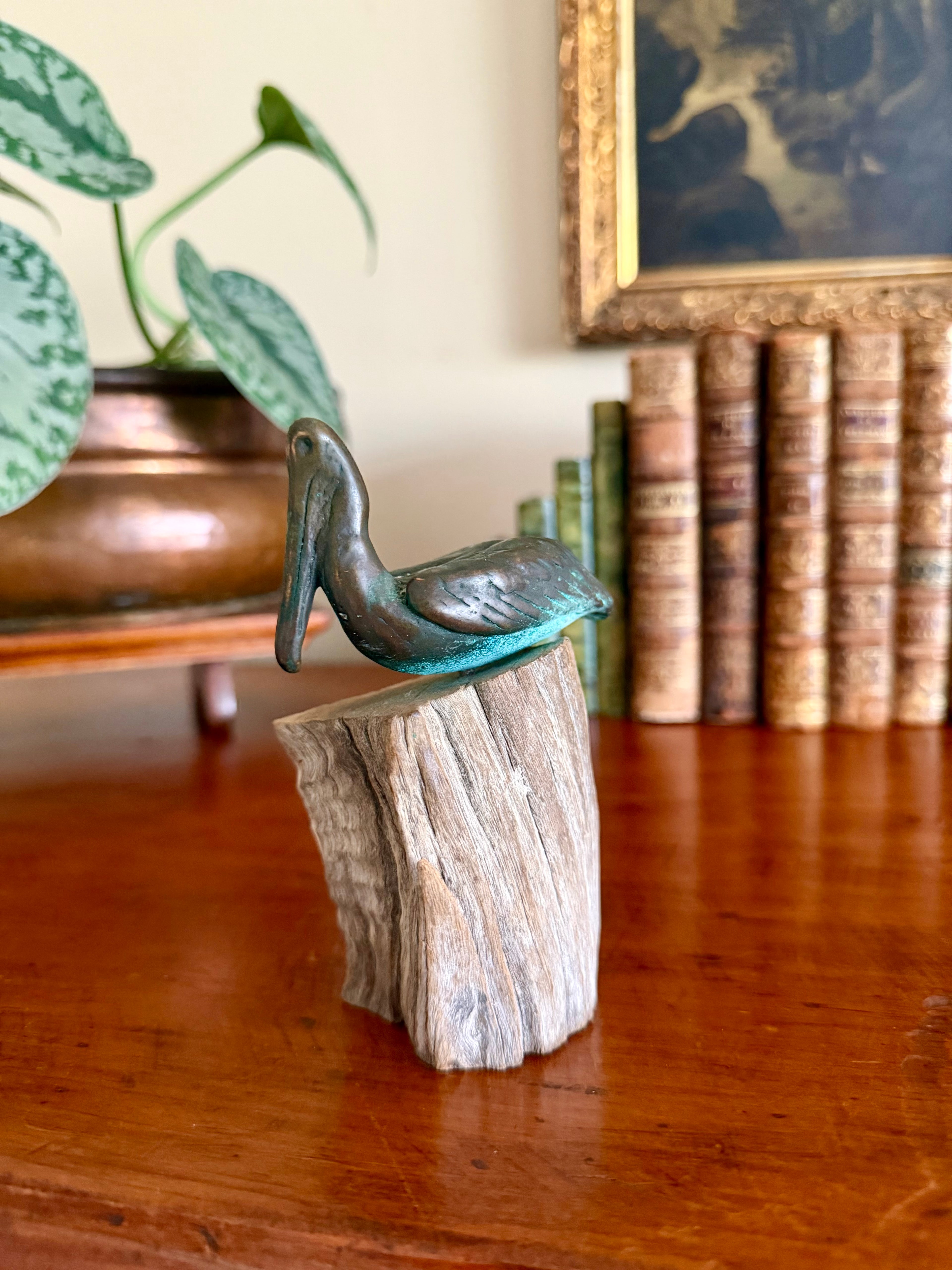 Vintage Bronze Pelican Sculpture on Driftwood Base