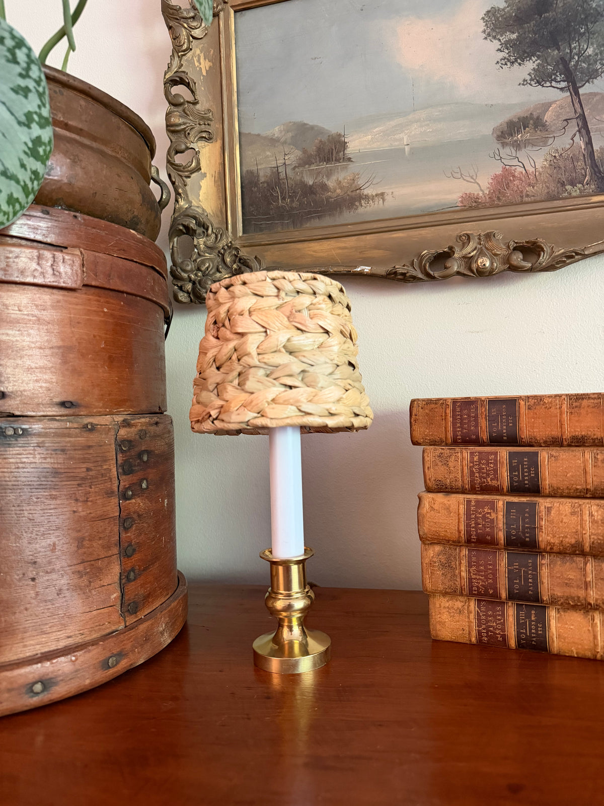 Brass Candle Lamp with Seagrass Shade