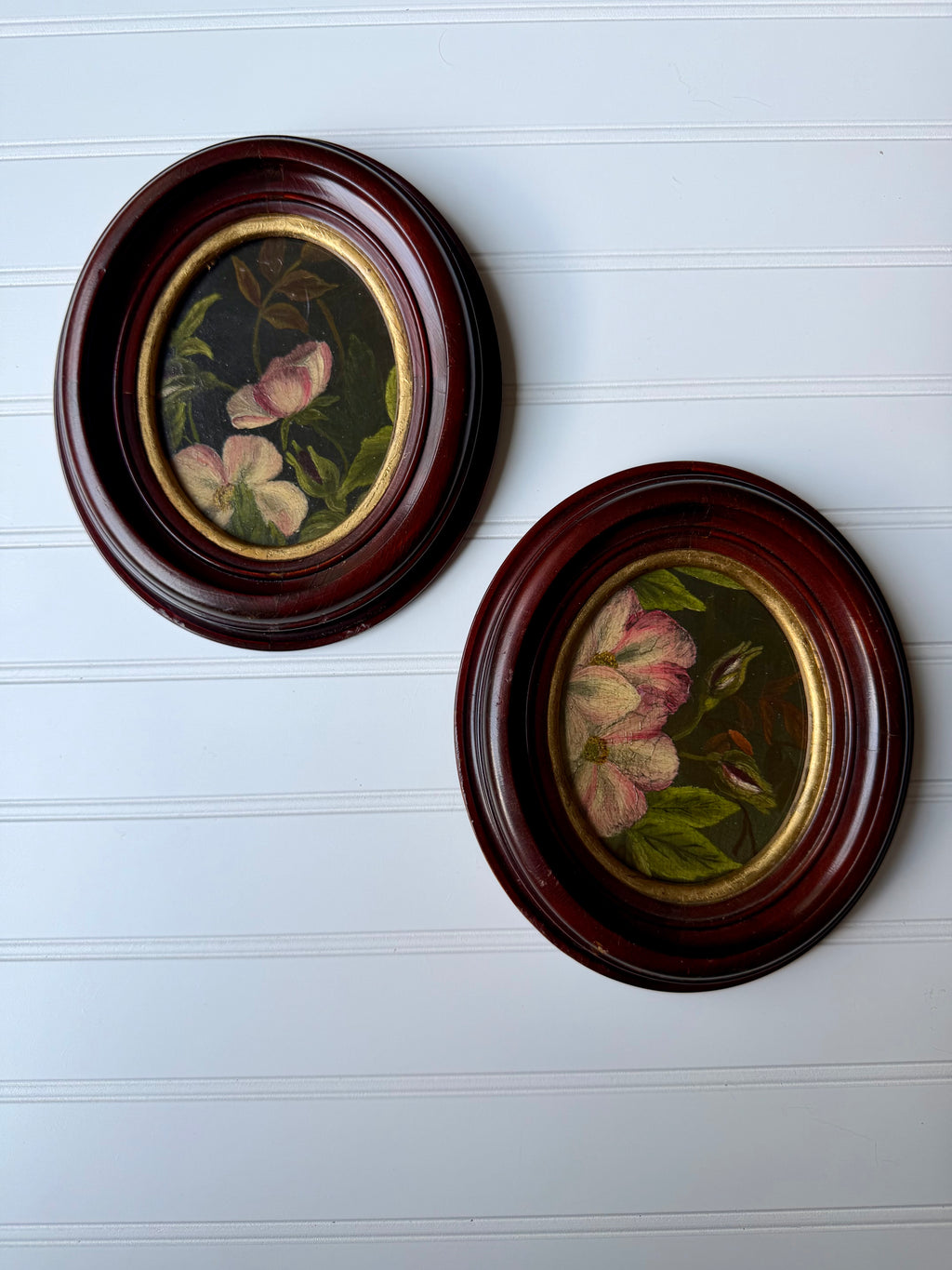 Set of 2 Oval Oil Downsized Floral Paintings