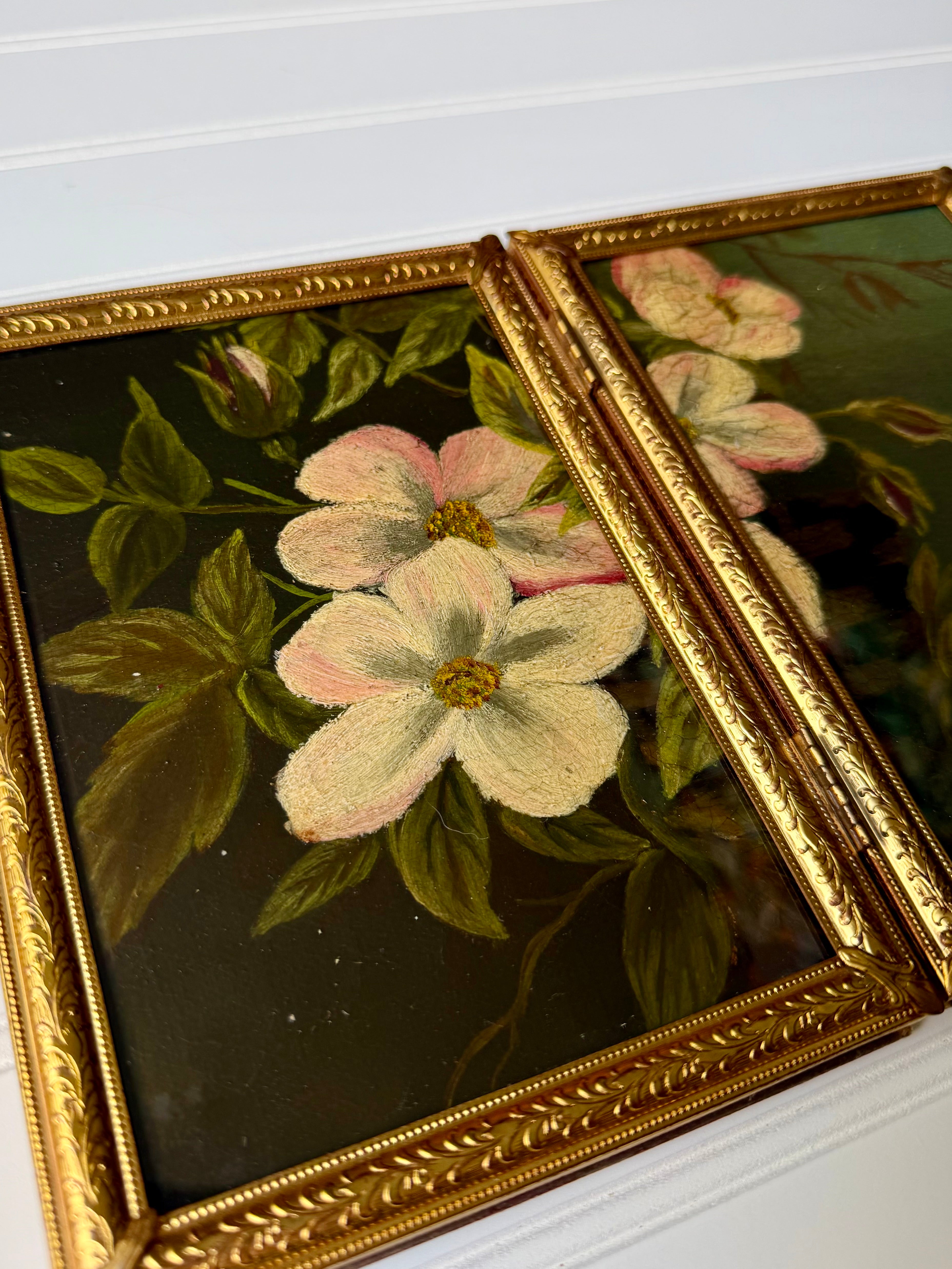 Antique Floral “Diptych Style” Oil in Brass Folding Frame