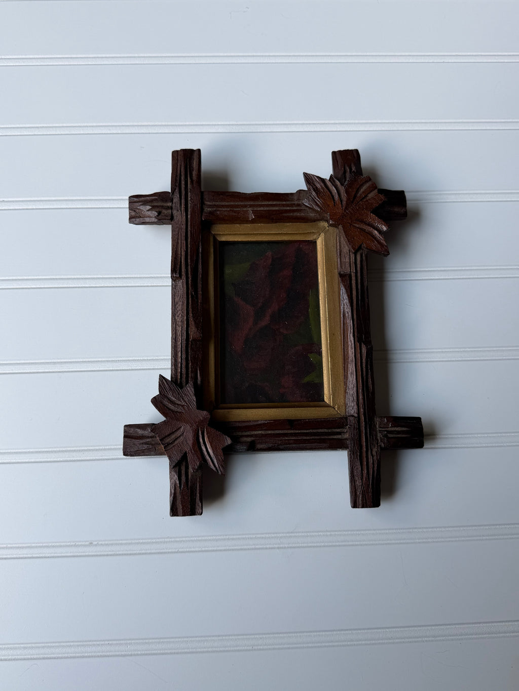 Antique Downsized Burgundy Rose Oil in Black Forest Frame
