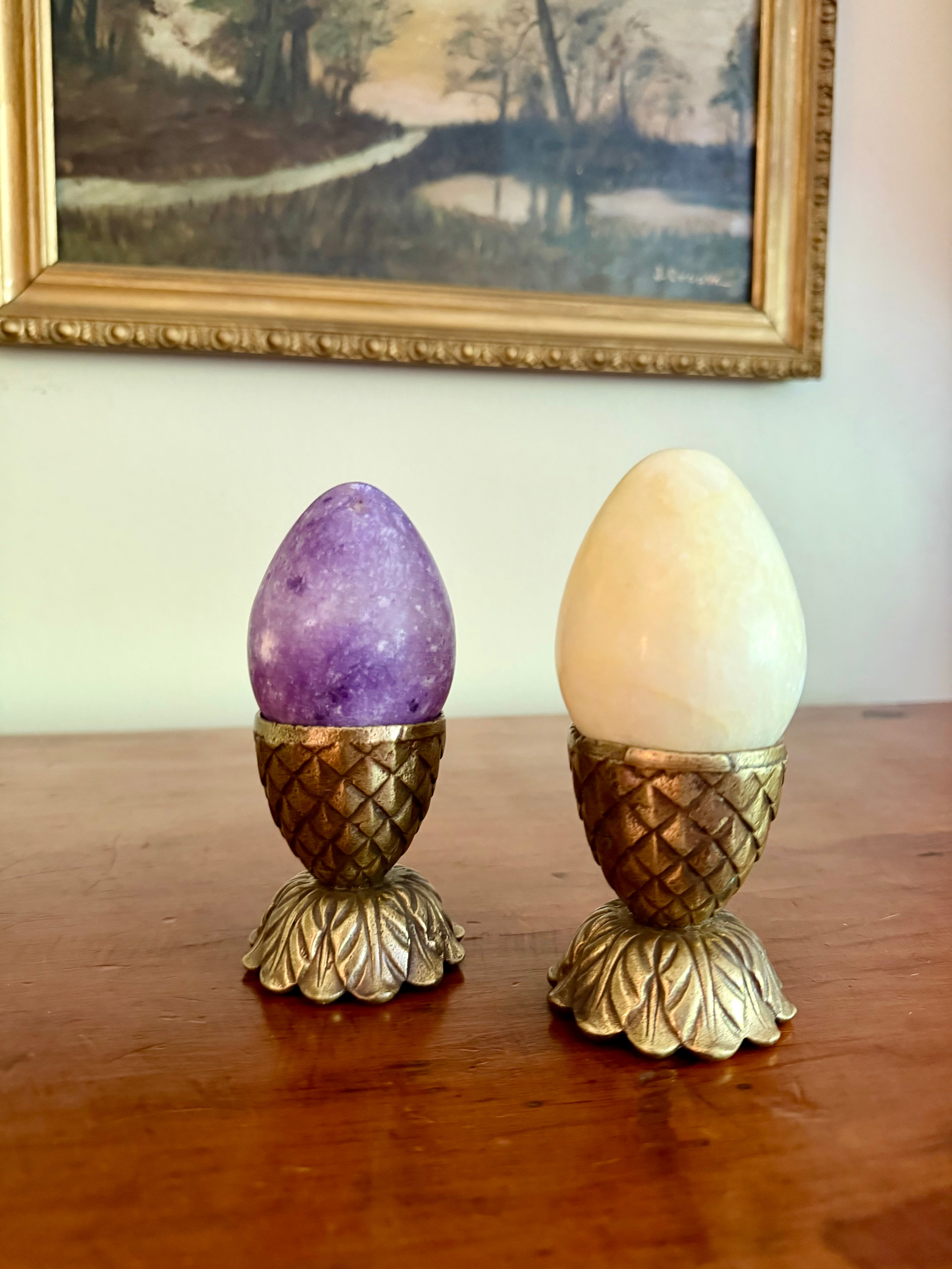 Soft Yellow Alabaster Egg w/ Brass Stand