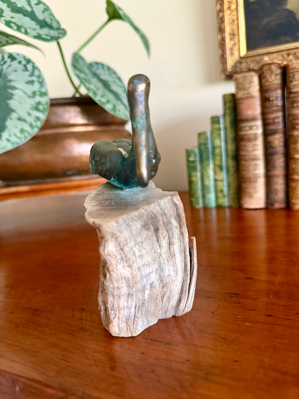 Vintage Bronze Pelican Sculpture on Driftwood Base
