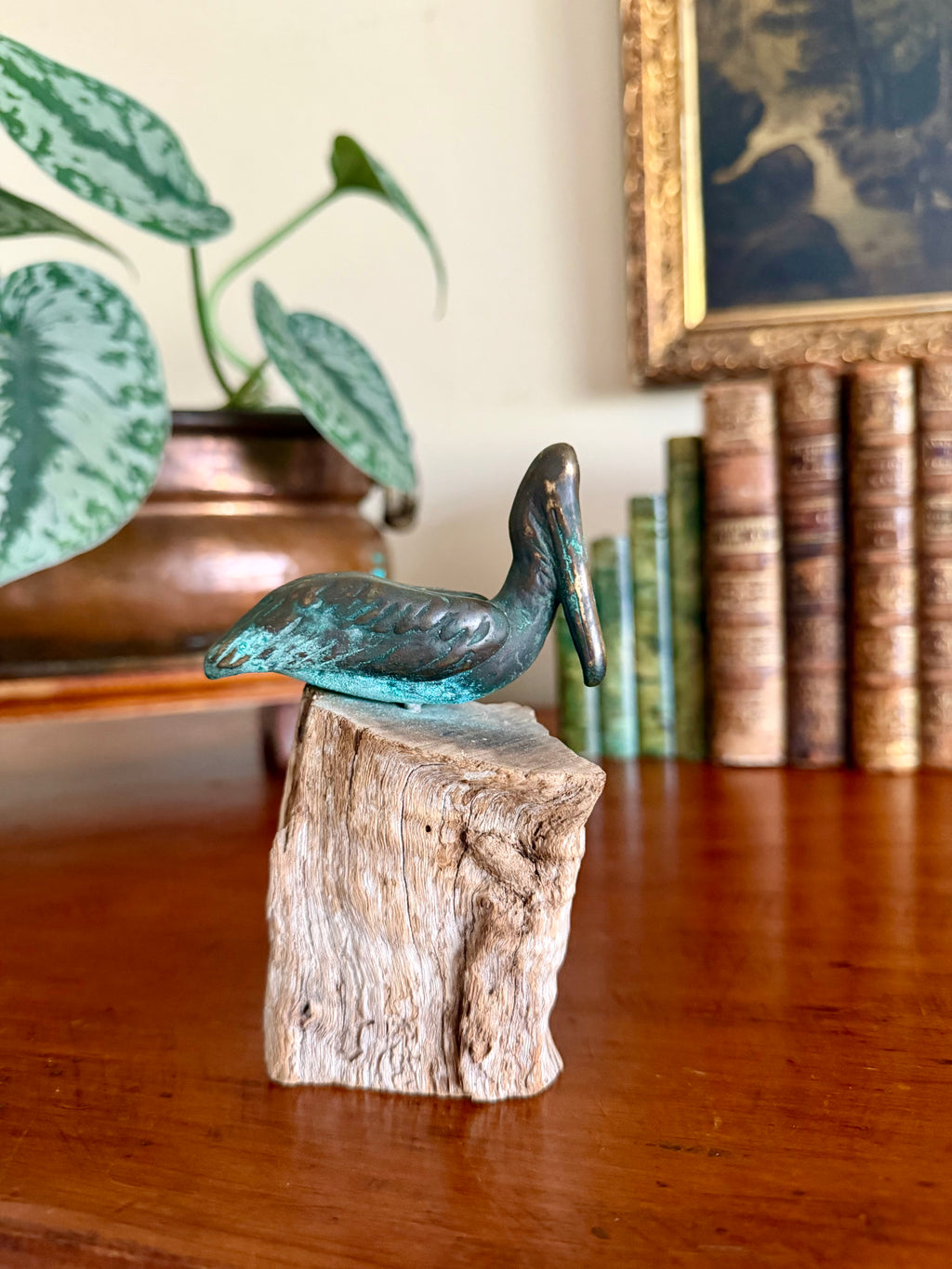 Vintage Bronze Pelican Sculpture on Driftwood Base