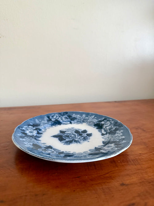Antique Flow Blue and White Rose Plate