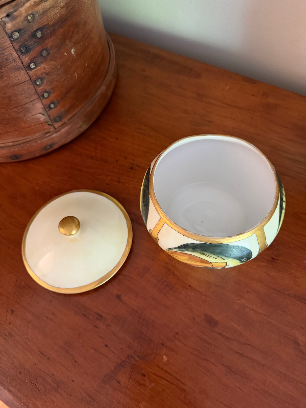 Hand-Painted Limoges Porcelain Lidded Sugar Bowl / Bonbonnière with Parrot Motif