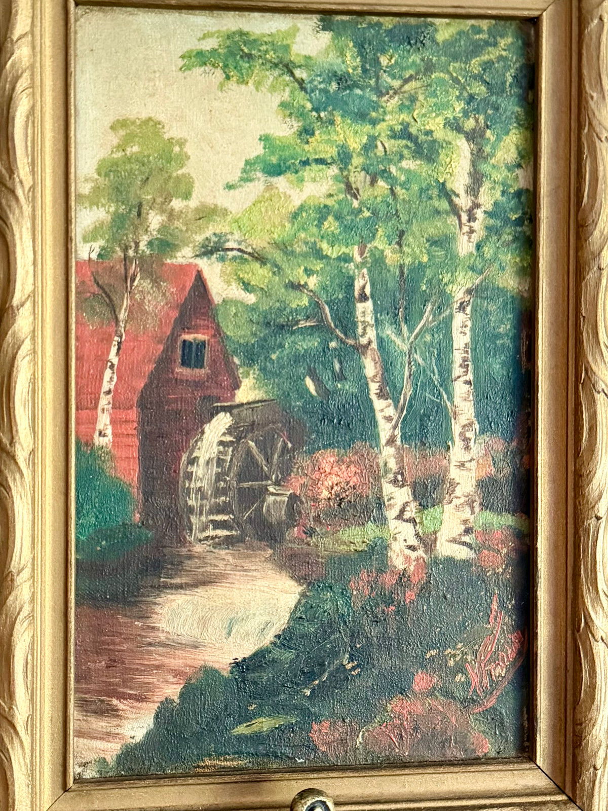 Antique Framed Oil Painting: Rustic Red Watermill Landscape with Birch Trees