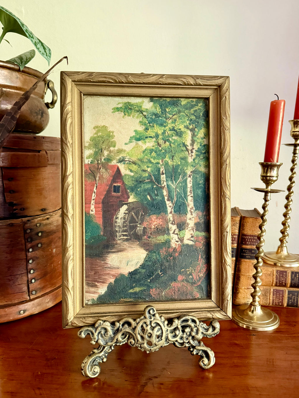 Antique Framed Oil Painting: Rustic Red Watermill Landscape with Birch Trees