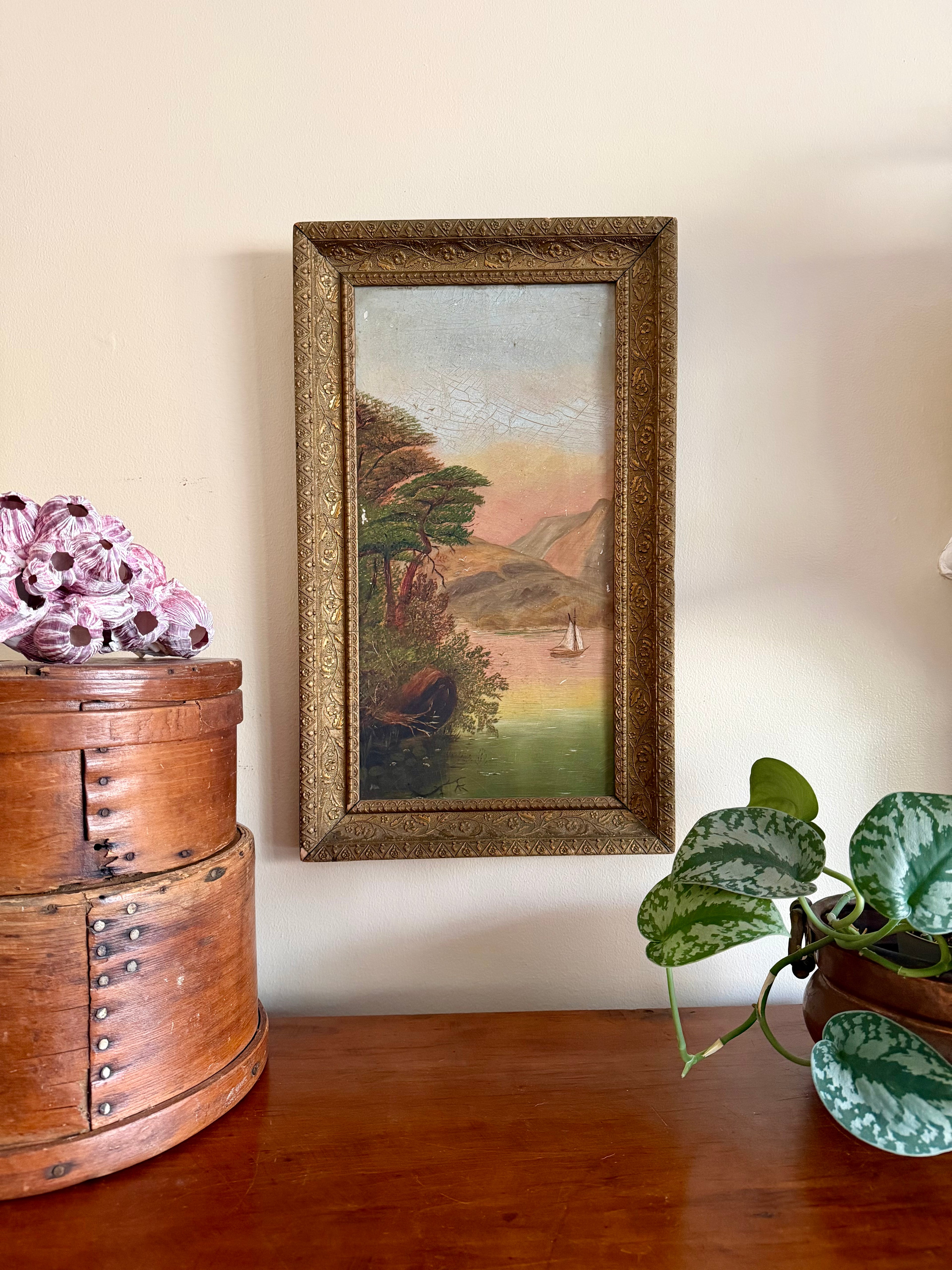 Antique Oil on Board Sunset Landscape