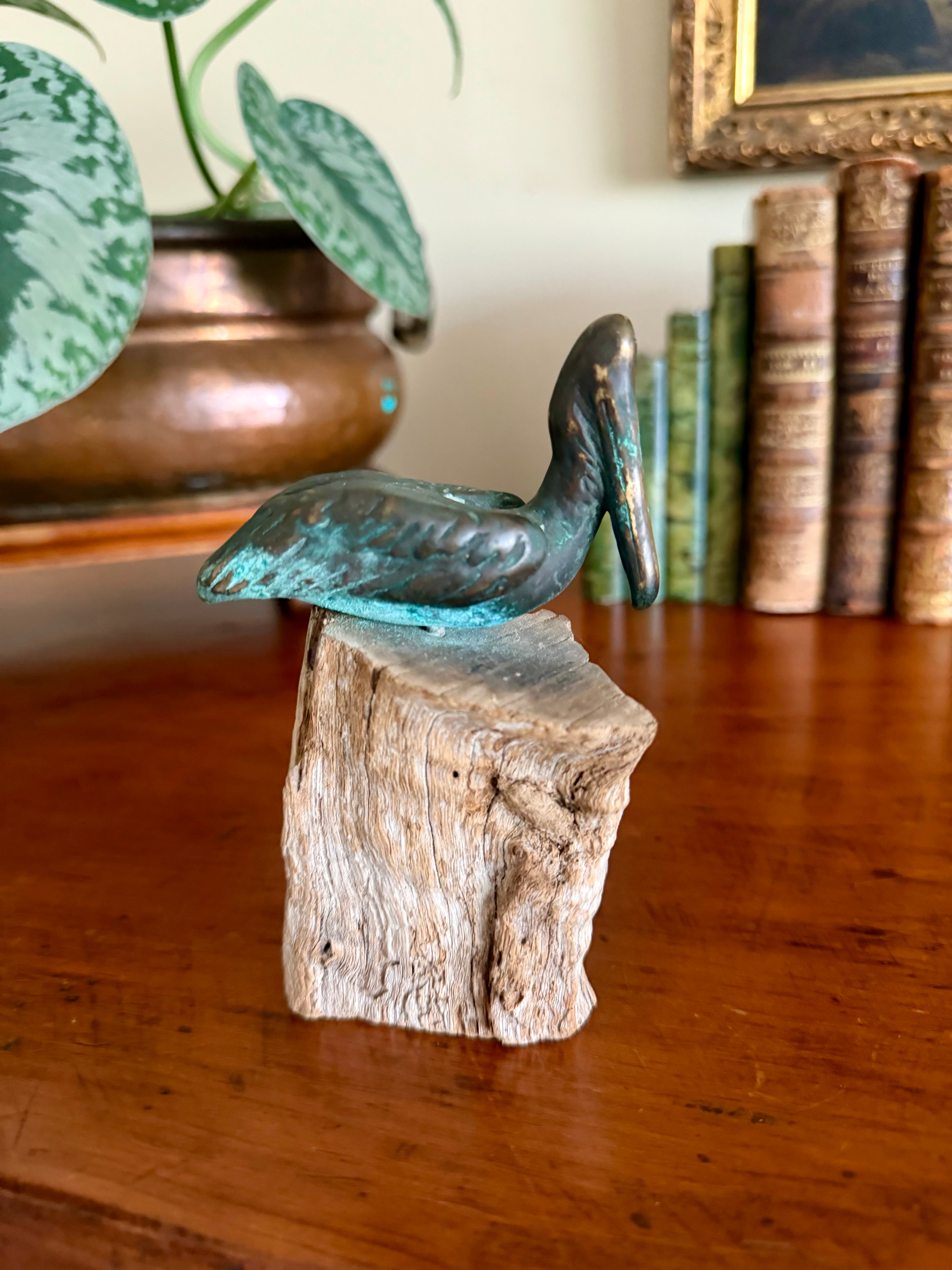 Vintage Bronze Pelican Sculpture on Driftwood Base