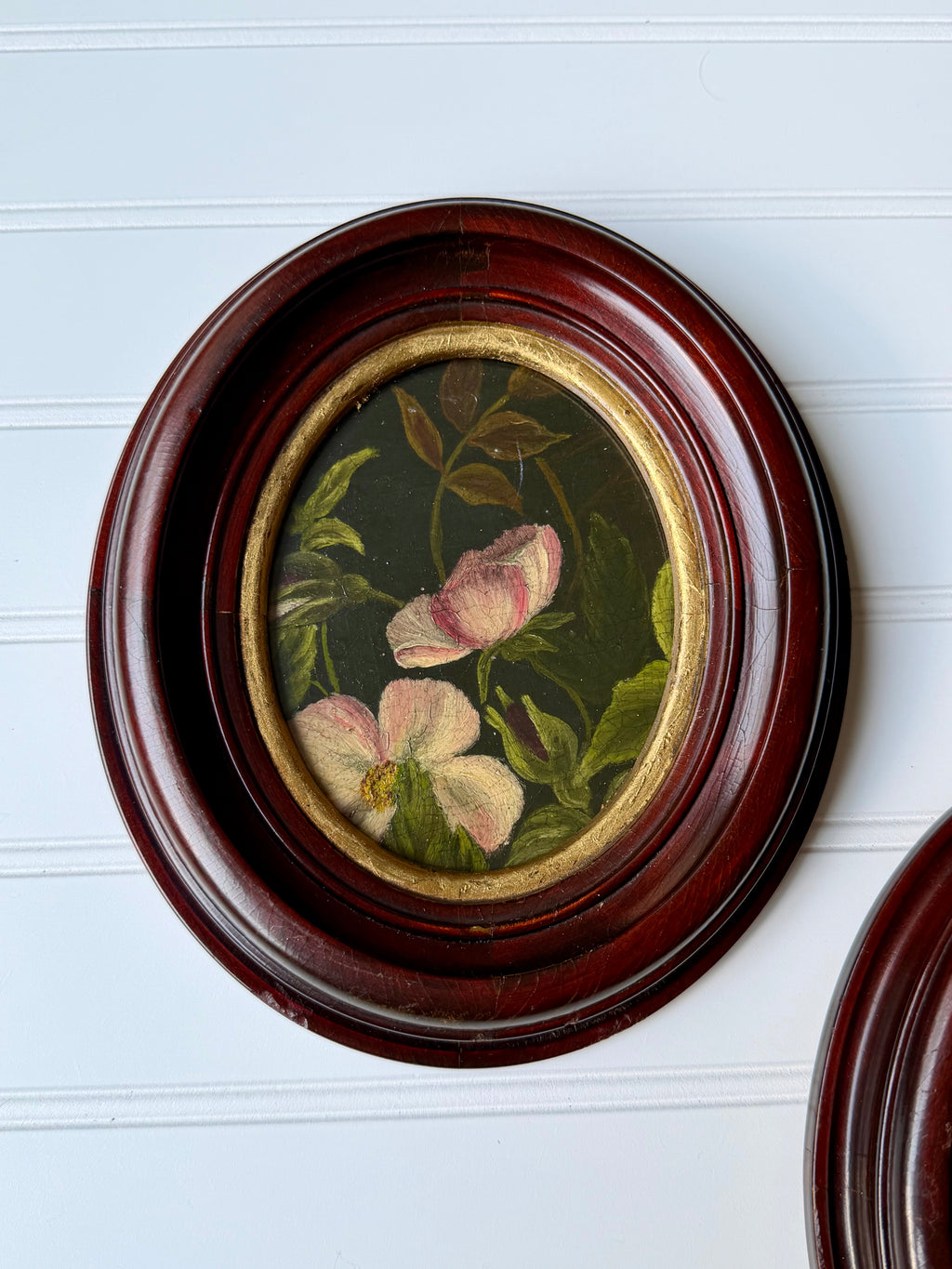 Set of 2 Oval Oil Downsized Floral Paintings