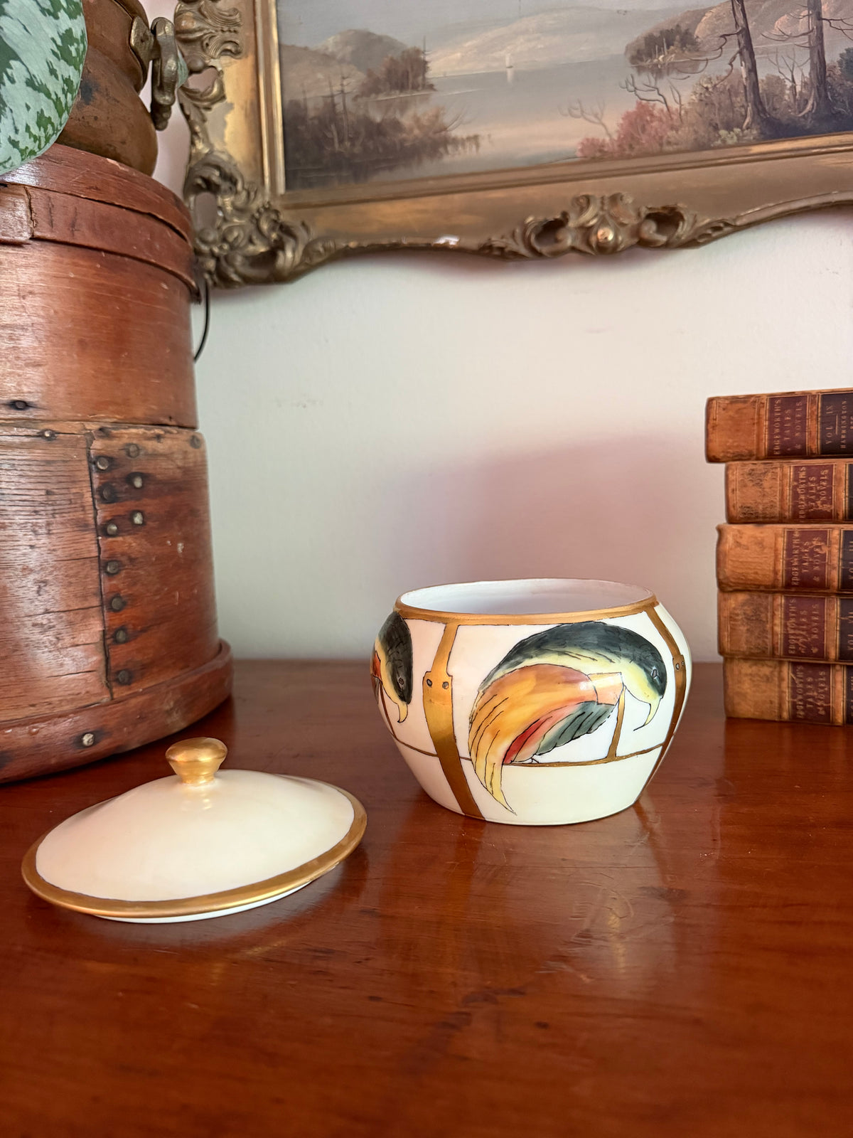 Hand-Painted Limoges Porcelain Lidded Sugar Bowl / Bonbonnière with Parrot Motif
