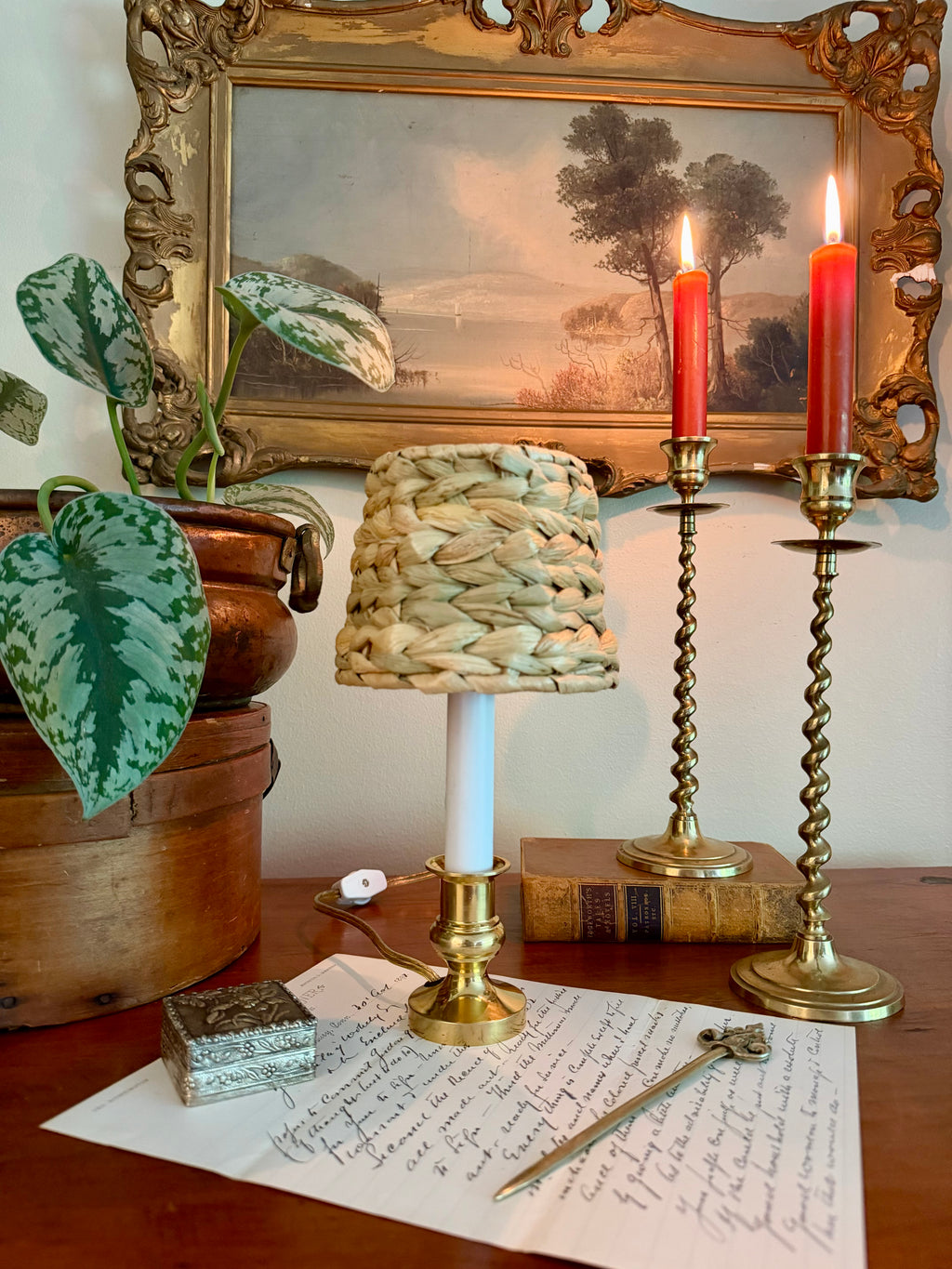Brass Candle Lamp with Seagrass Shade
