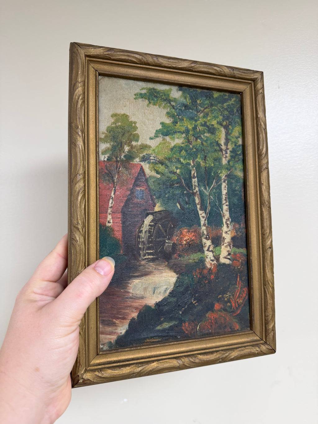 Antique Framed Oil Painting: Rustic Red Watermill Landscape with Birch Trees