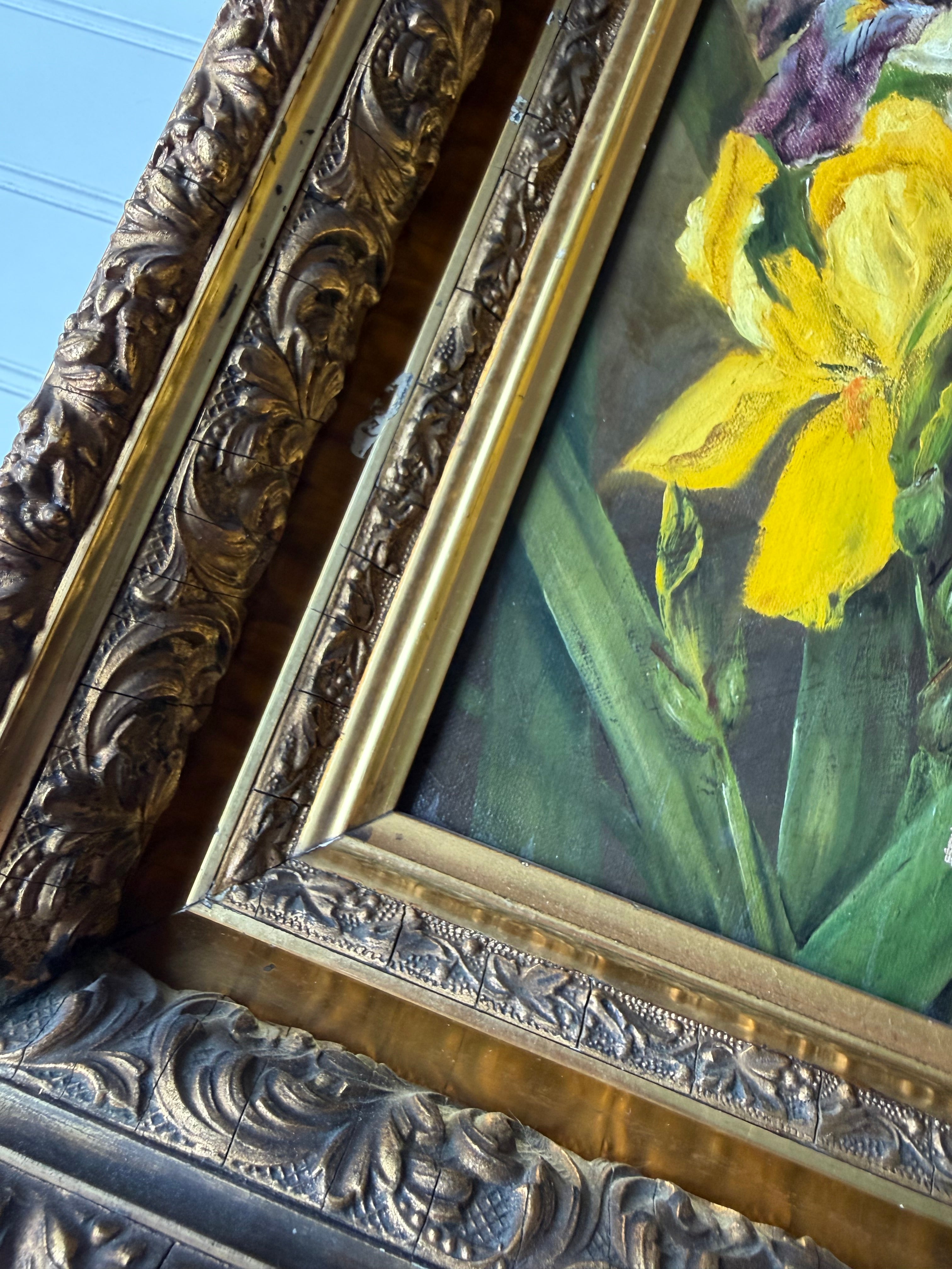 Antique Iris Oil on Canvas in Deep Guilt Frame