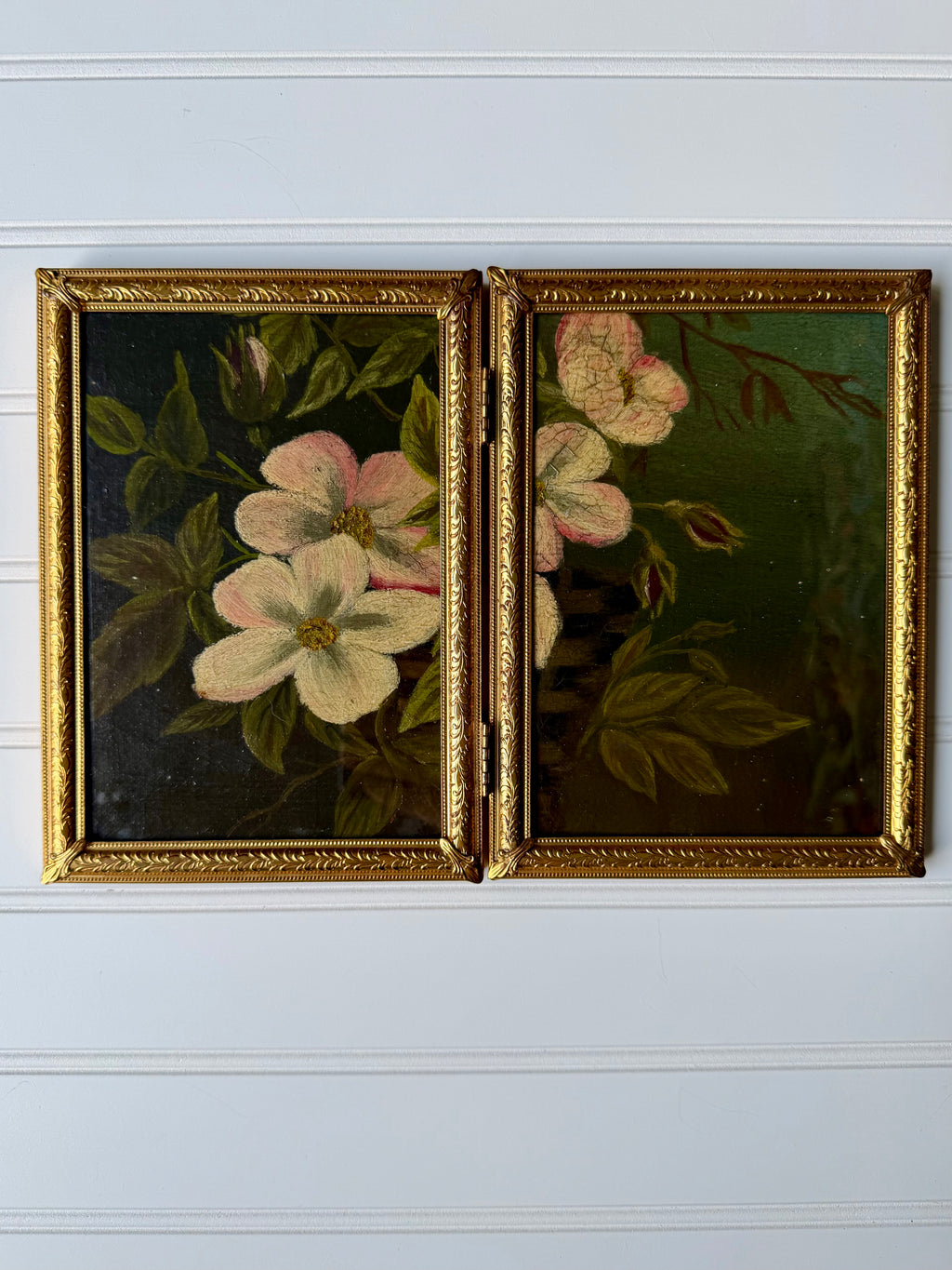 Antique Floral “Diptych Style” Oil in Brass Folding Frame