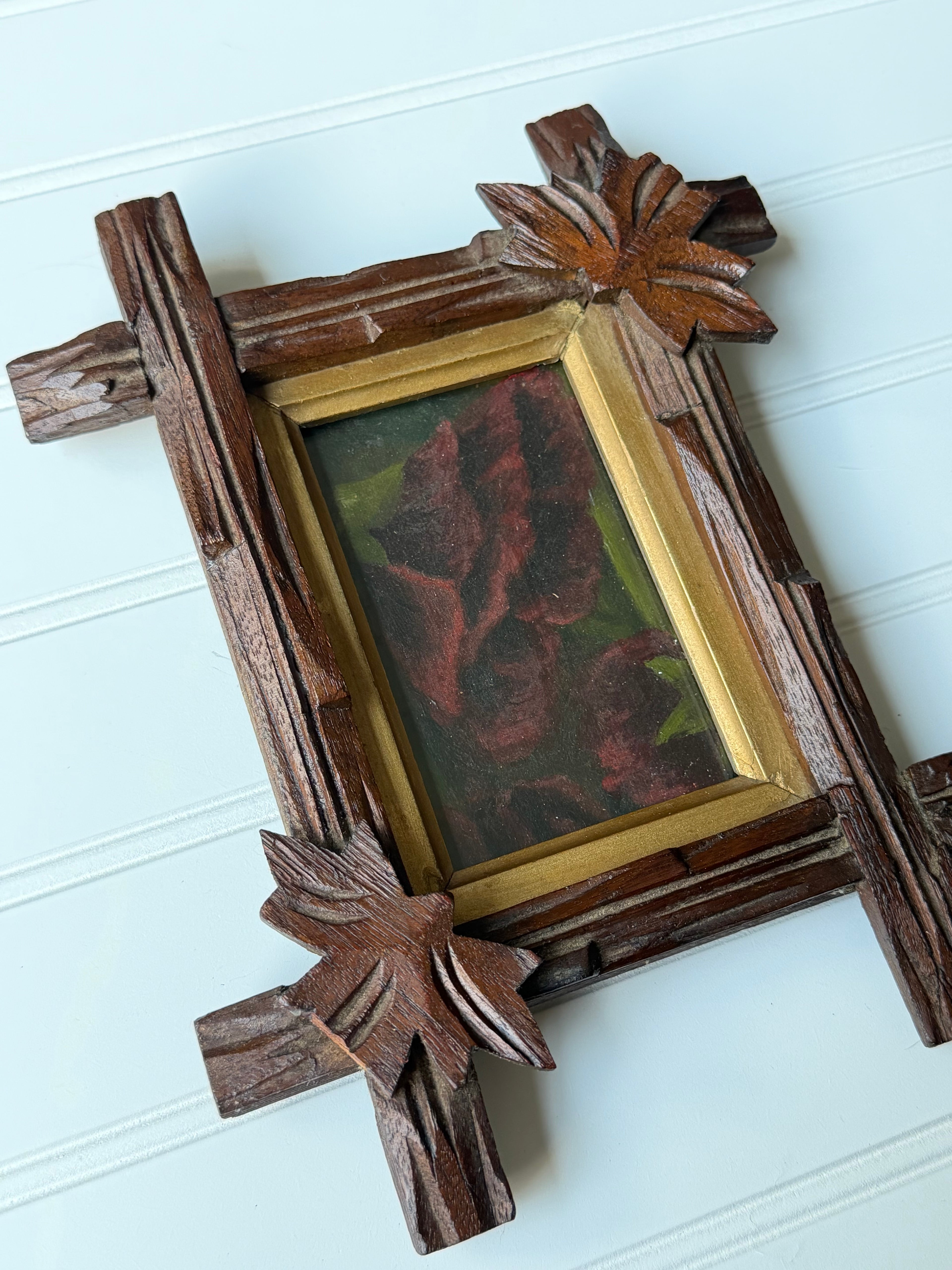 Antique Downsized Burgundy Rose Oil in Black Forest Frame