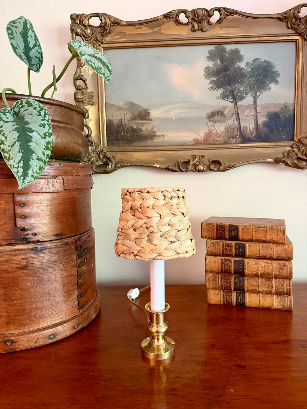 Brass Candle Lamp with Seagrass Shade