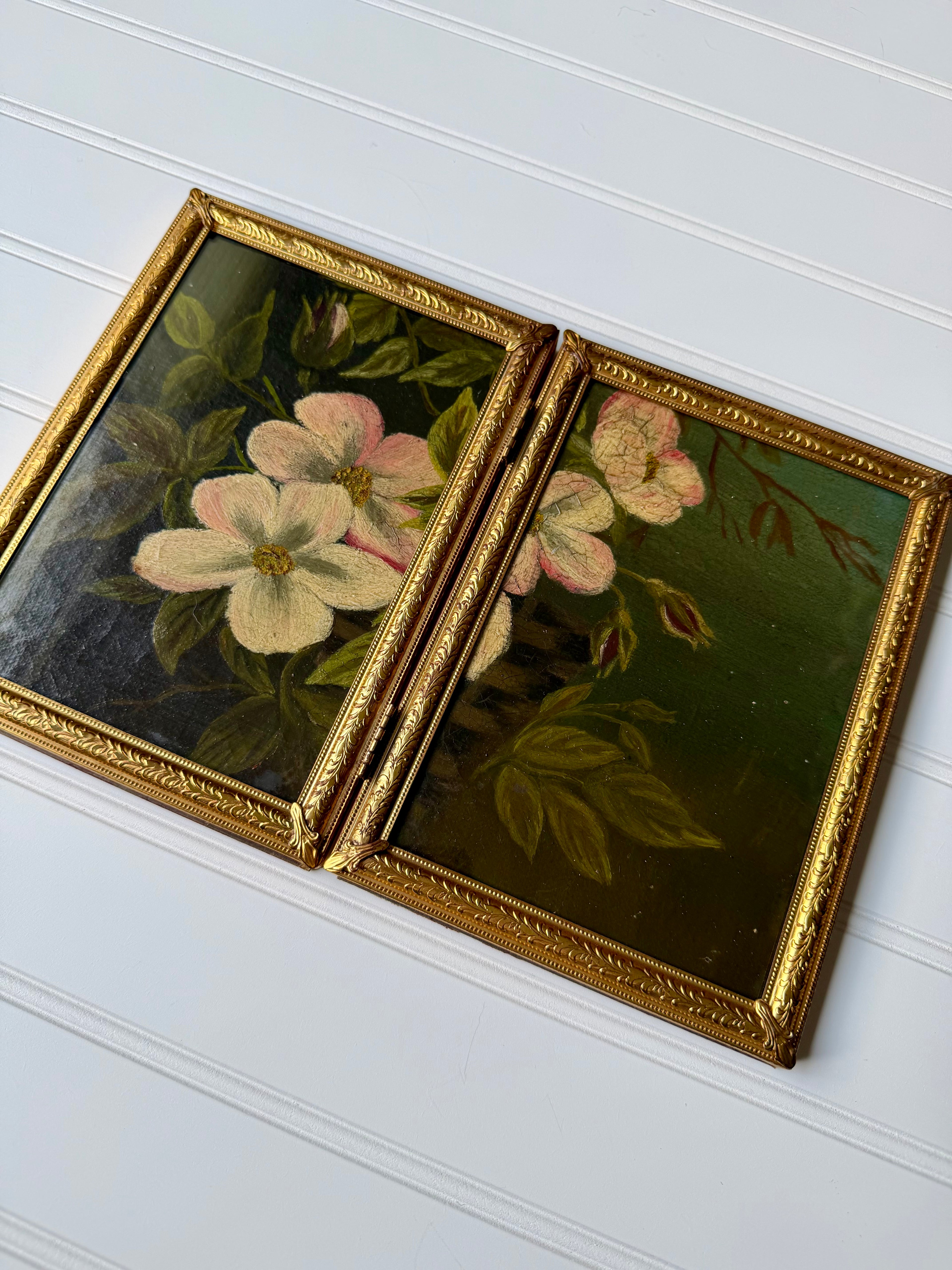 Antique Floral “Diptych Style” Oil in Brass Folding Frame