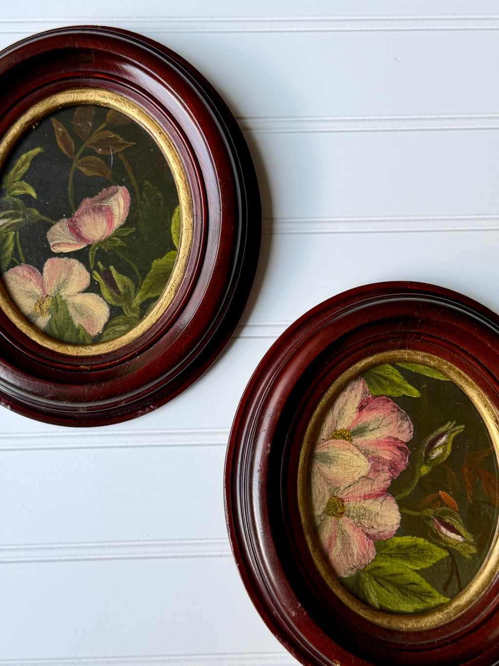 Set of 2 Oval Oil Downsized Floral Paintings