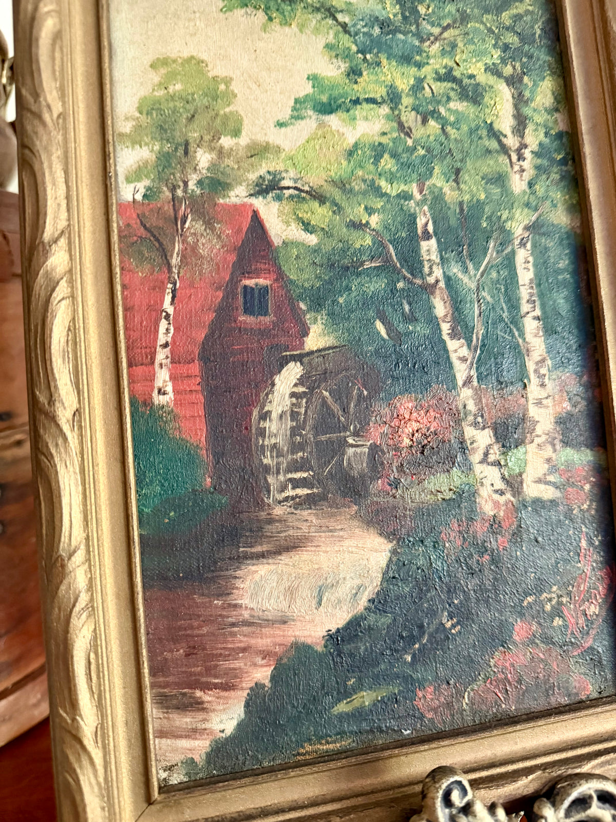 Antique Framed Oil Painting: Rustic Red Watermill Landscape with Birch Trees
