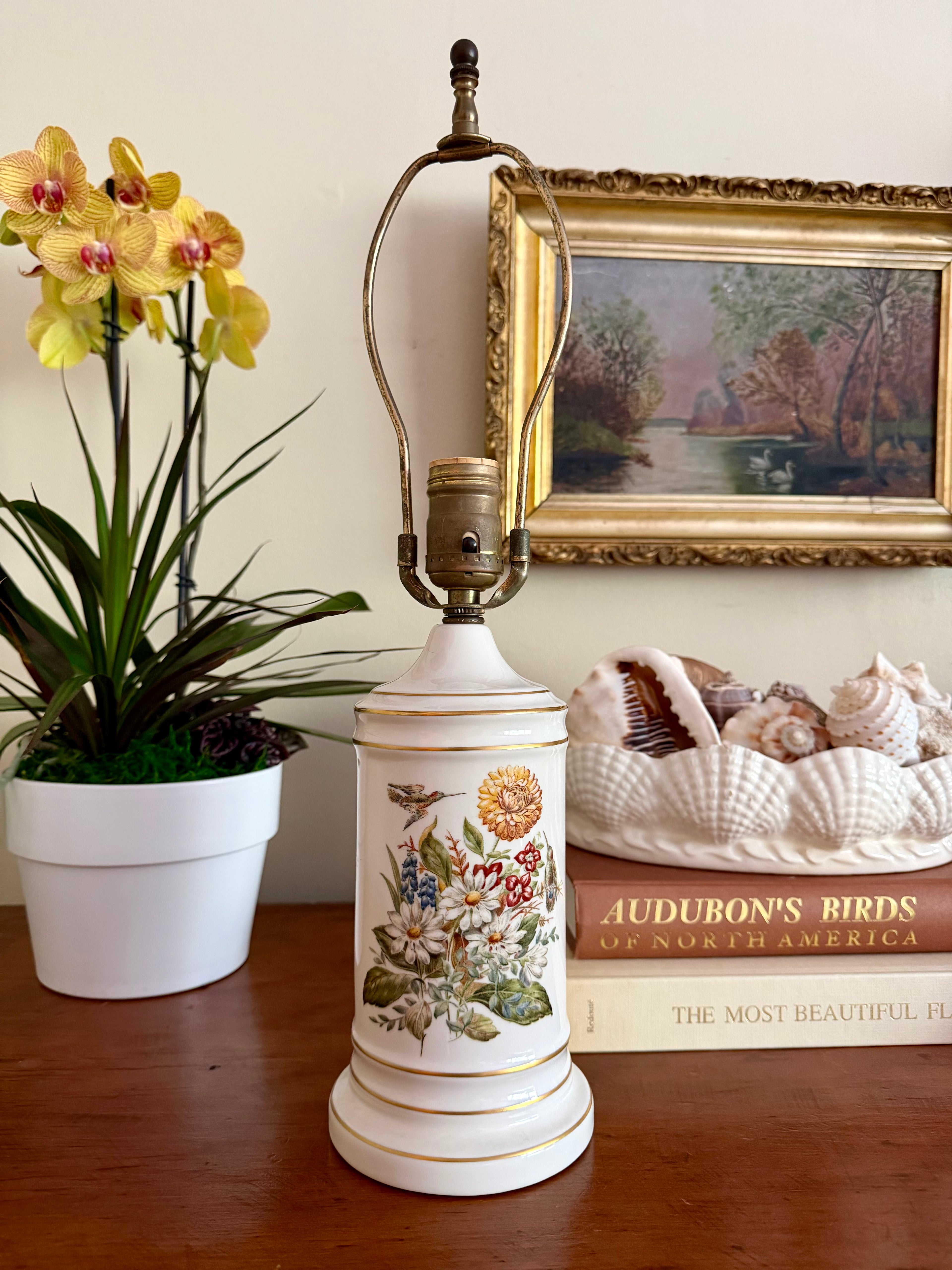 Vintage Botanical Porcelain Lamp with Humming Bird