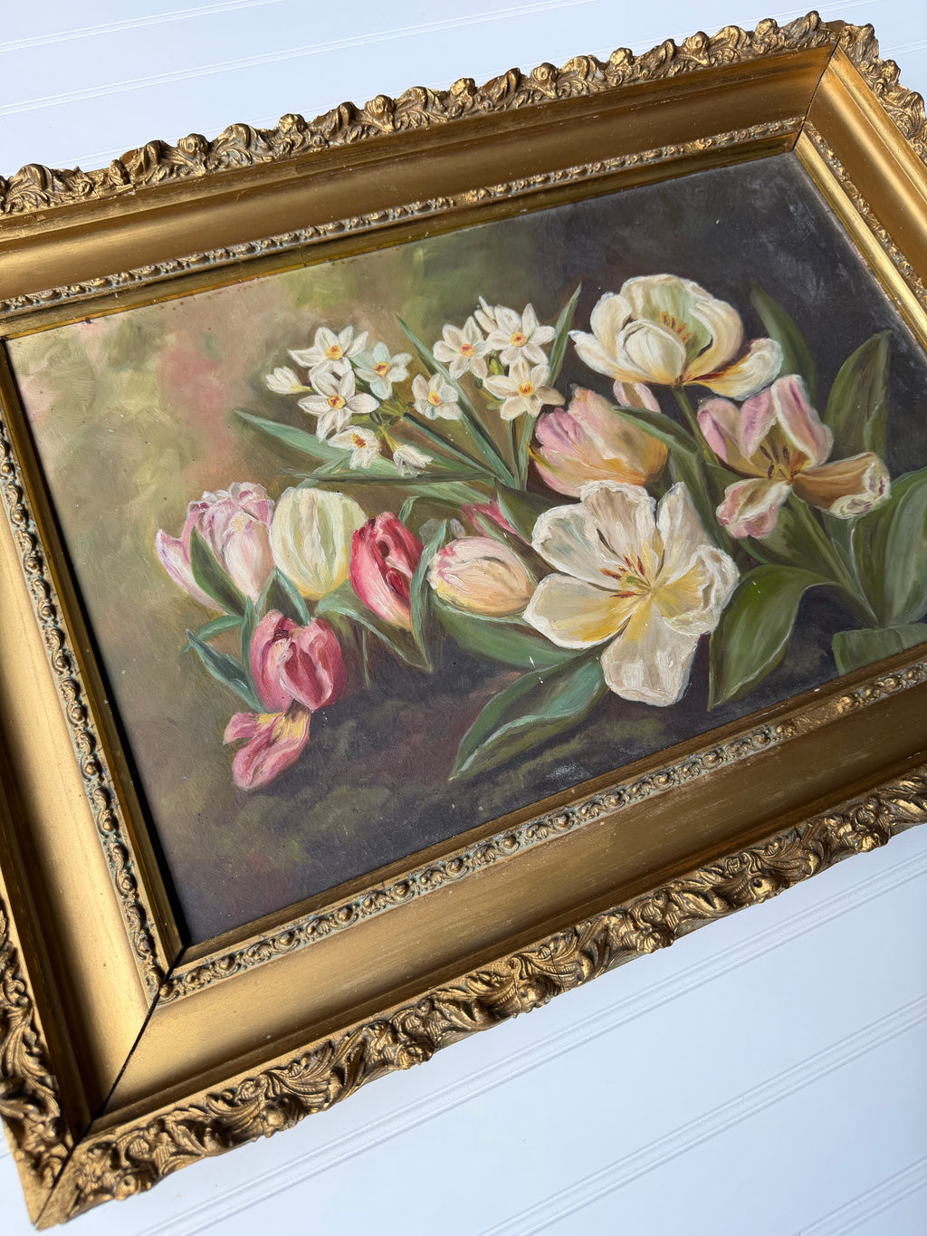 Antique Oil on Board featuring Tulips and Paper Whites