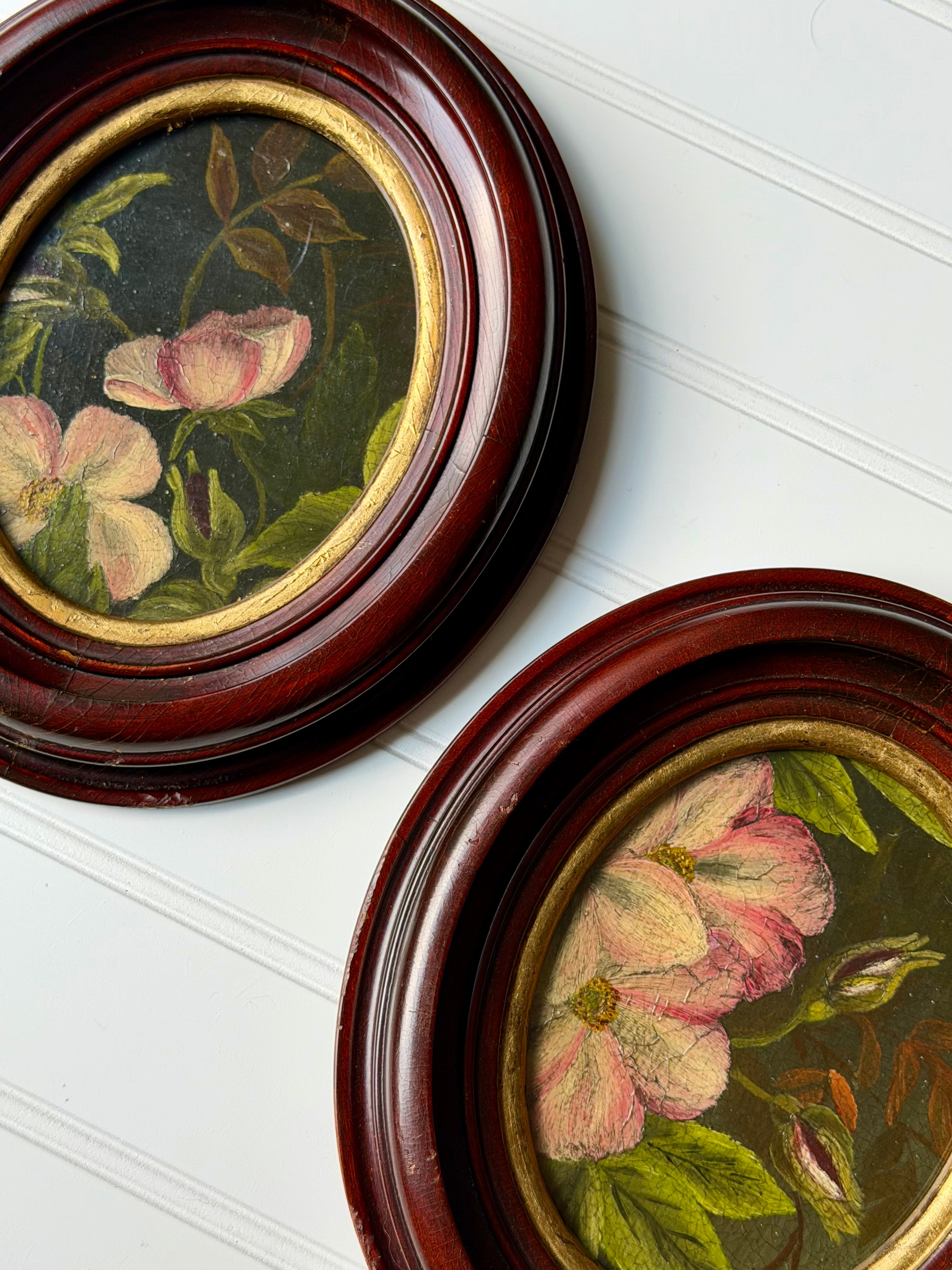 Set of 2 Oval Oil Downsized Floral Paintings