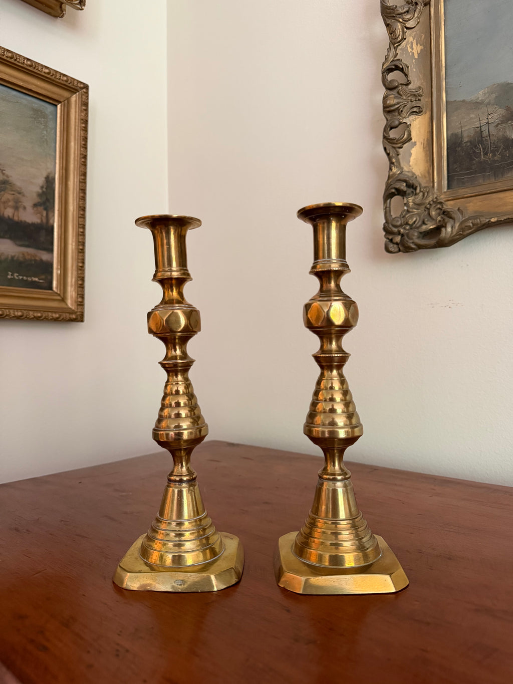 Set of 2 Antique Brass English Candle Holders