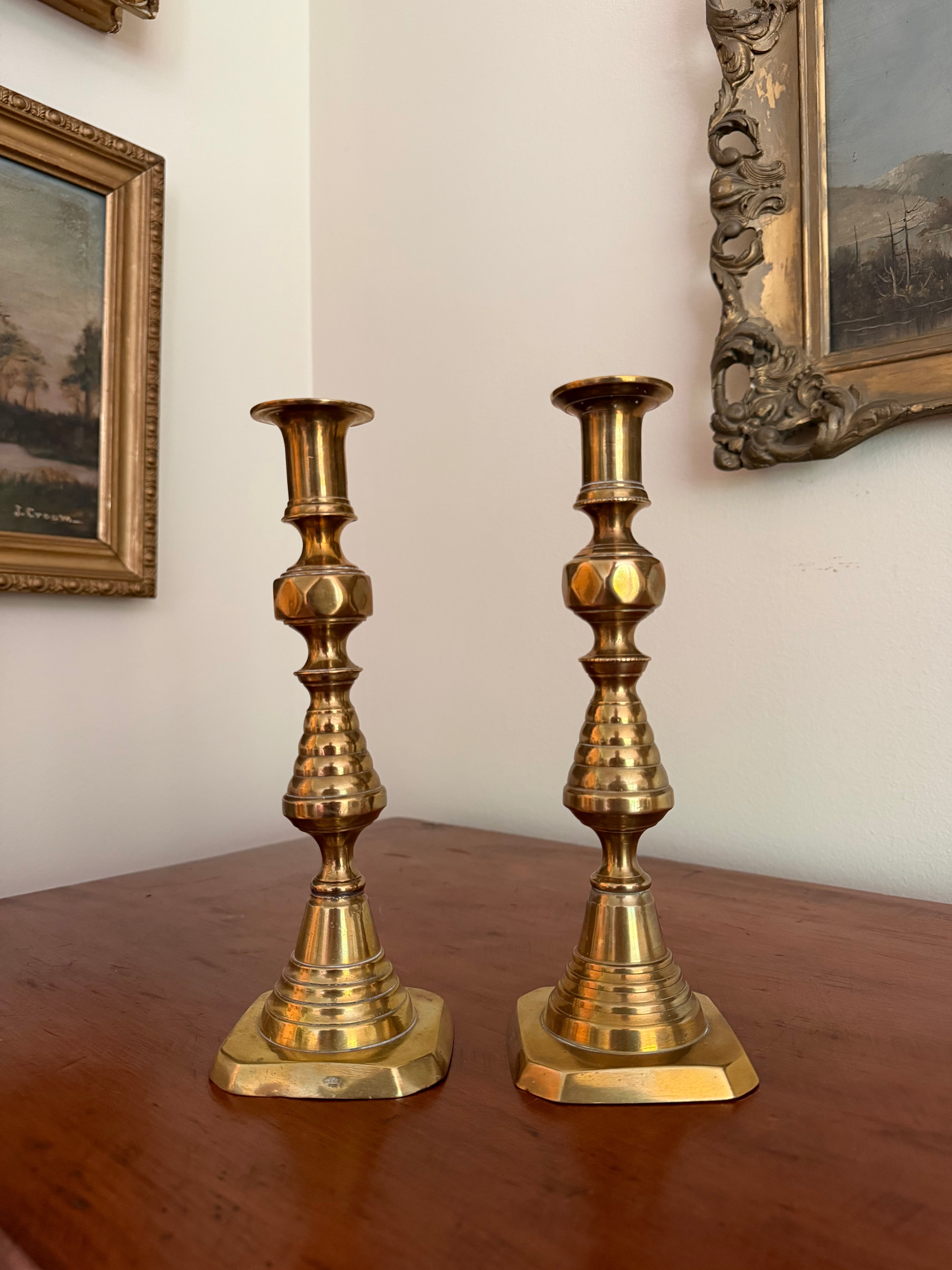 Set of 2 Antique Brass English Candle Holders