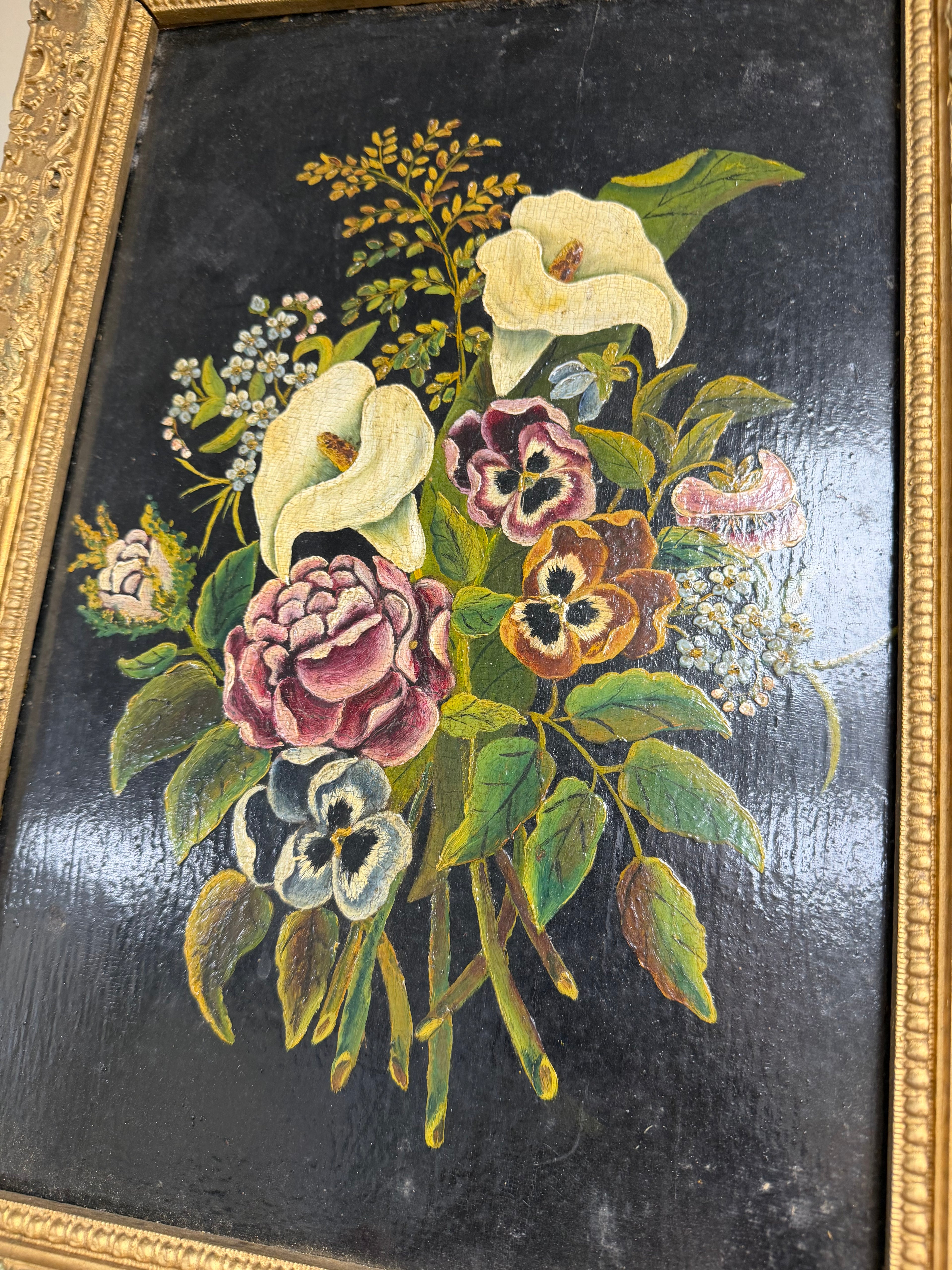 Antique Floral Painting on Wood with Lillies