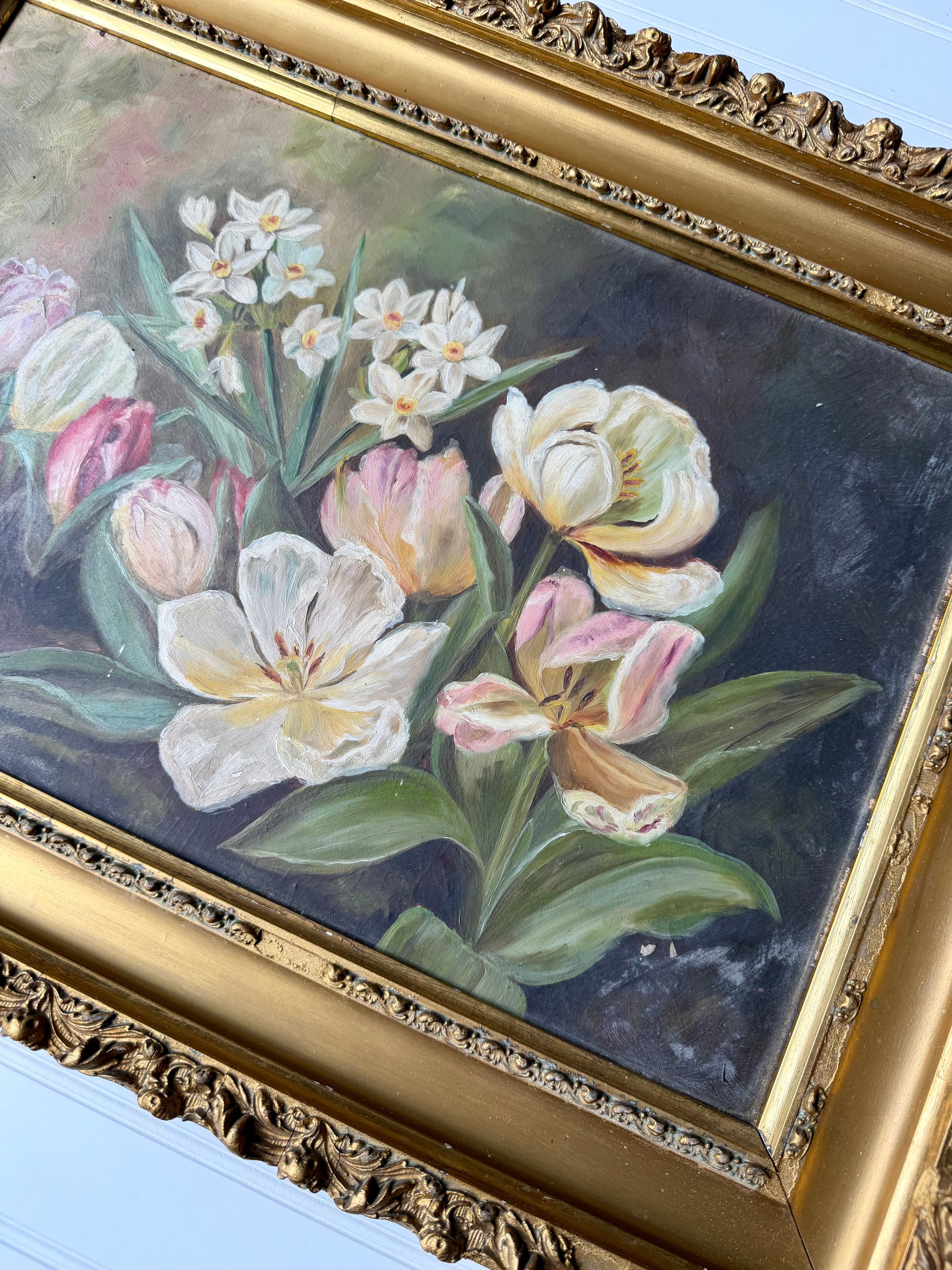 Antique Oil on Board featuring Tulips and Paper Whites