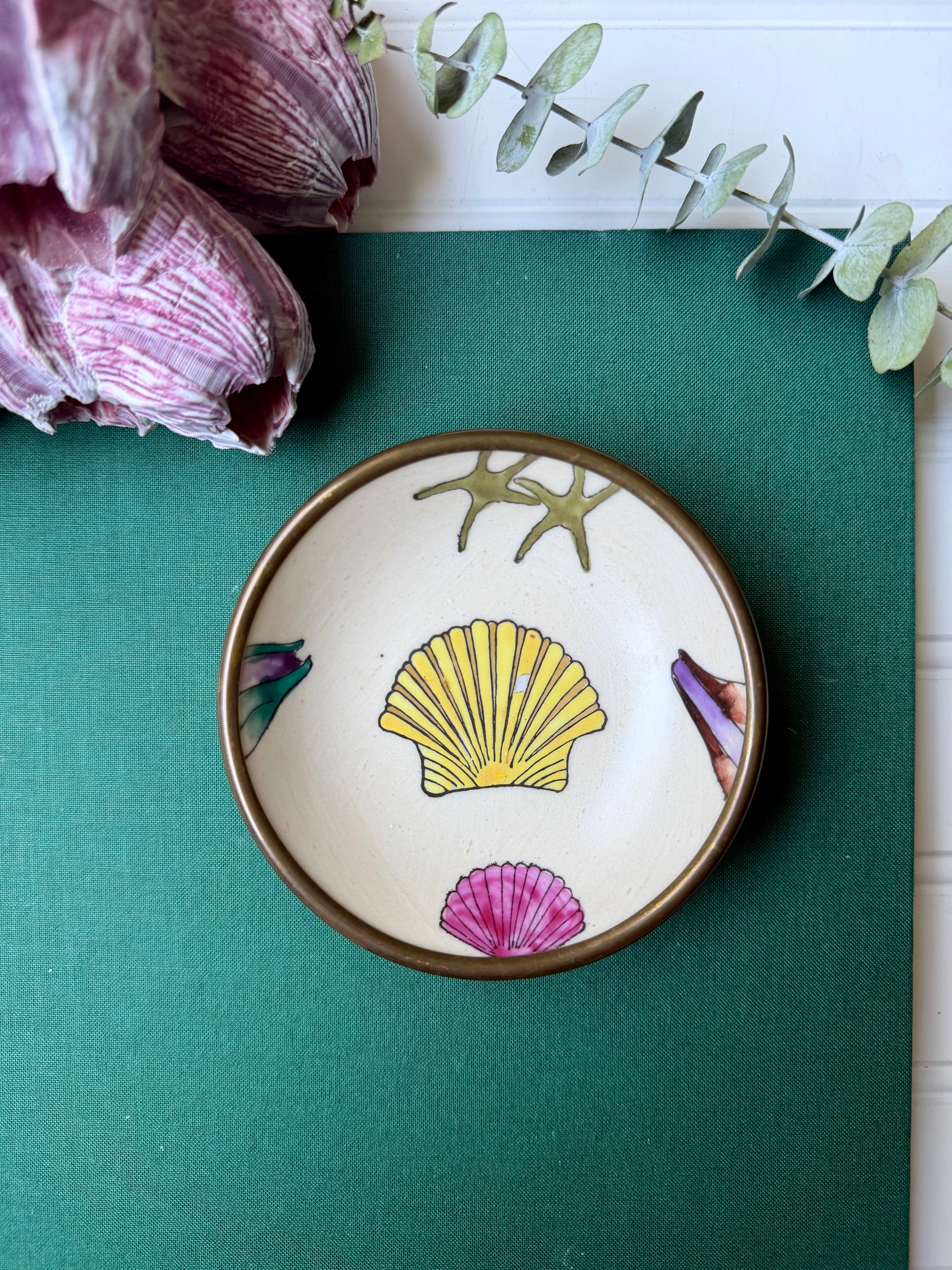 Hand Painted Brass Encased Japanese Porcelain Shell Bowl