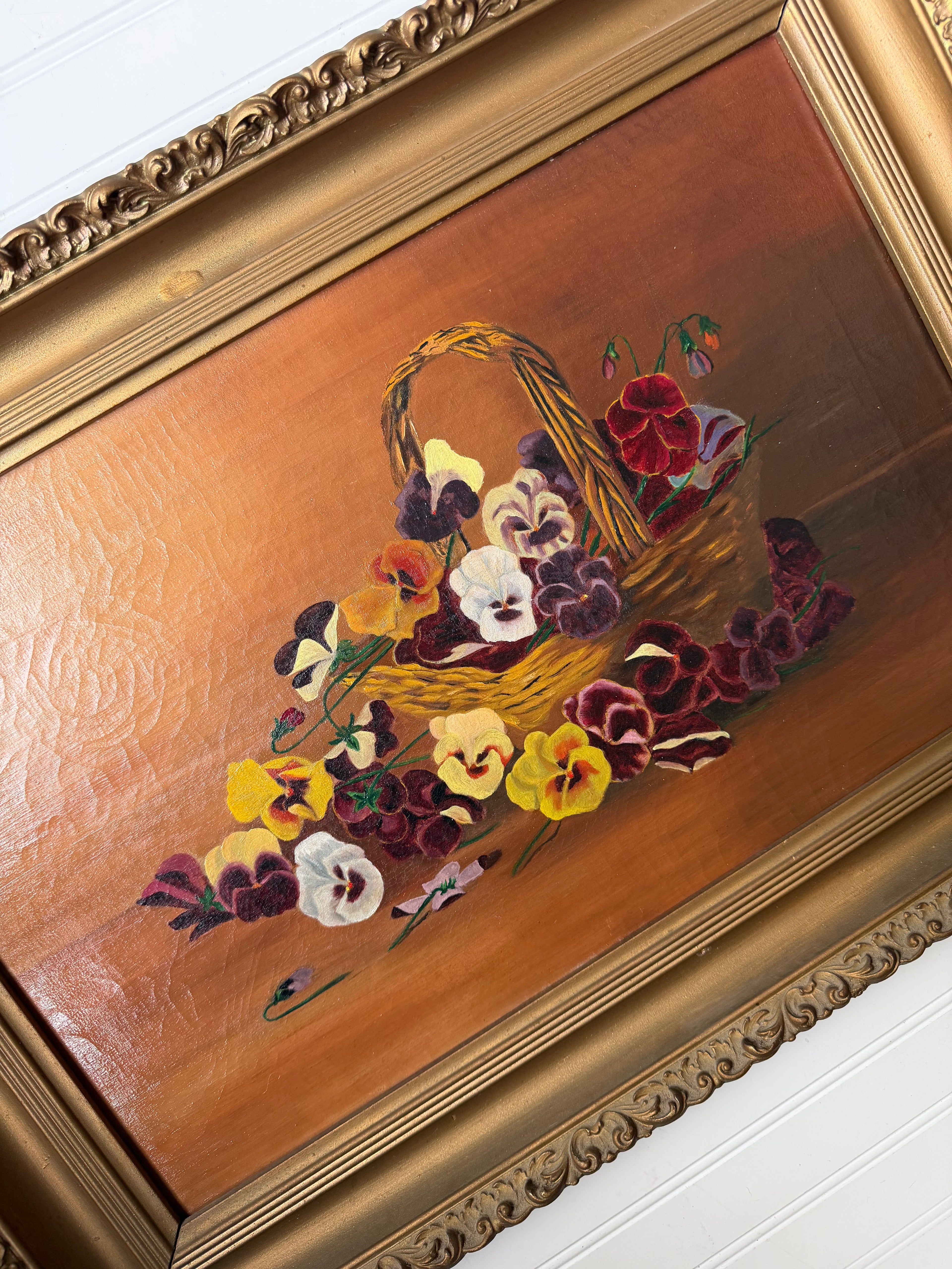 Antique Pansy Oil Painting on Canvas