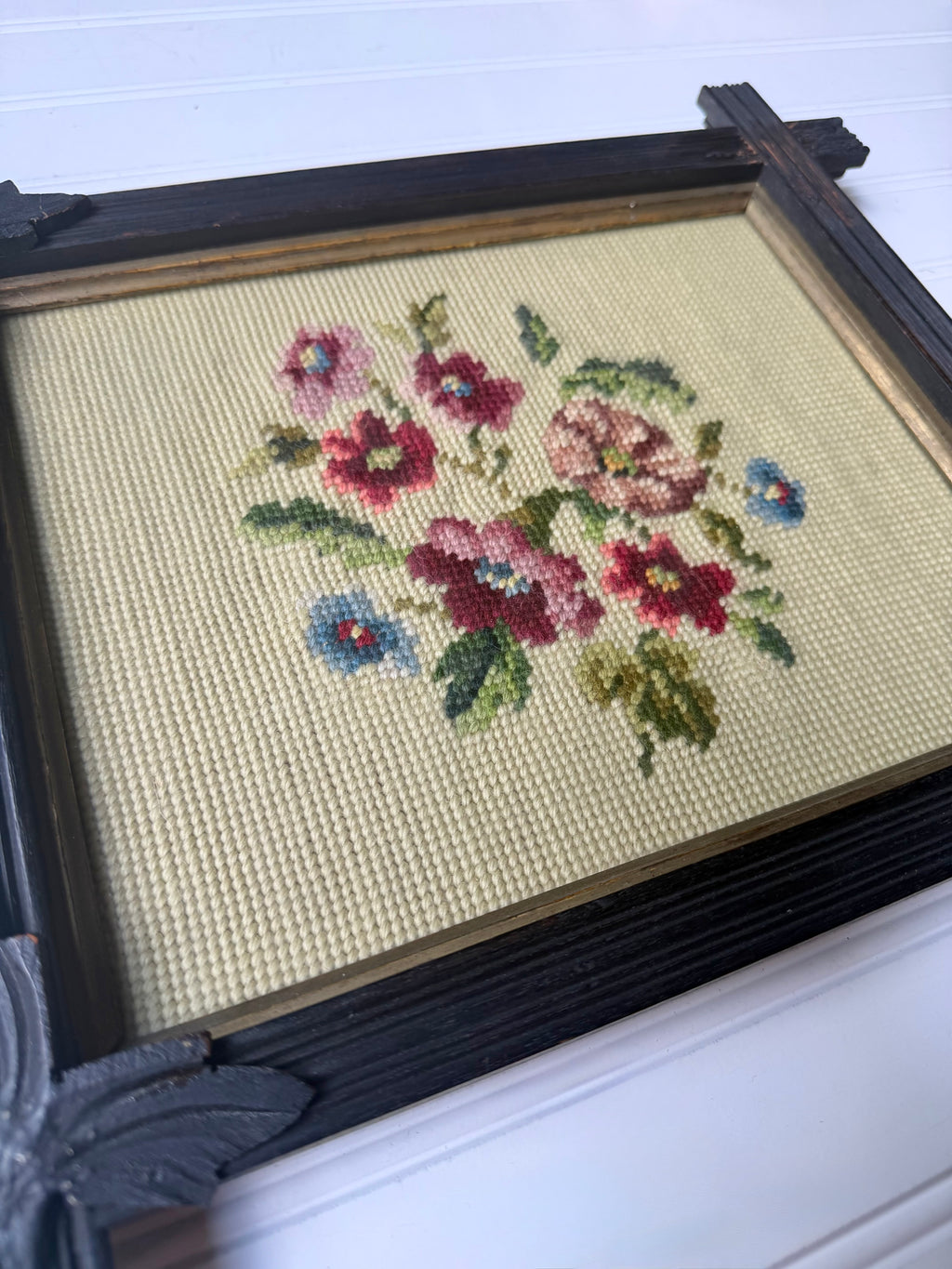 Antique Needle Work in Black Forest Frame