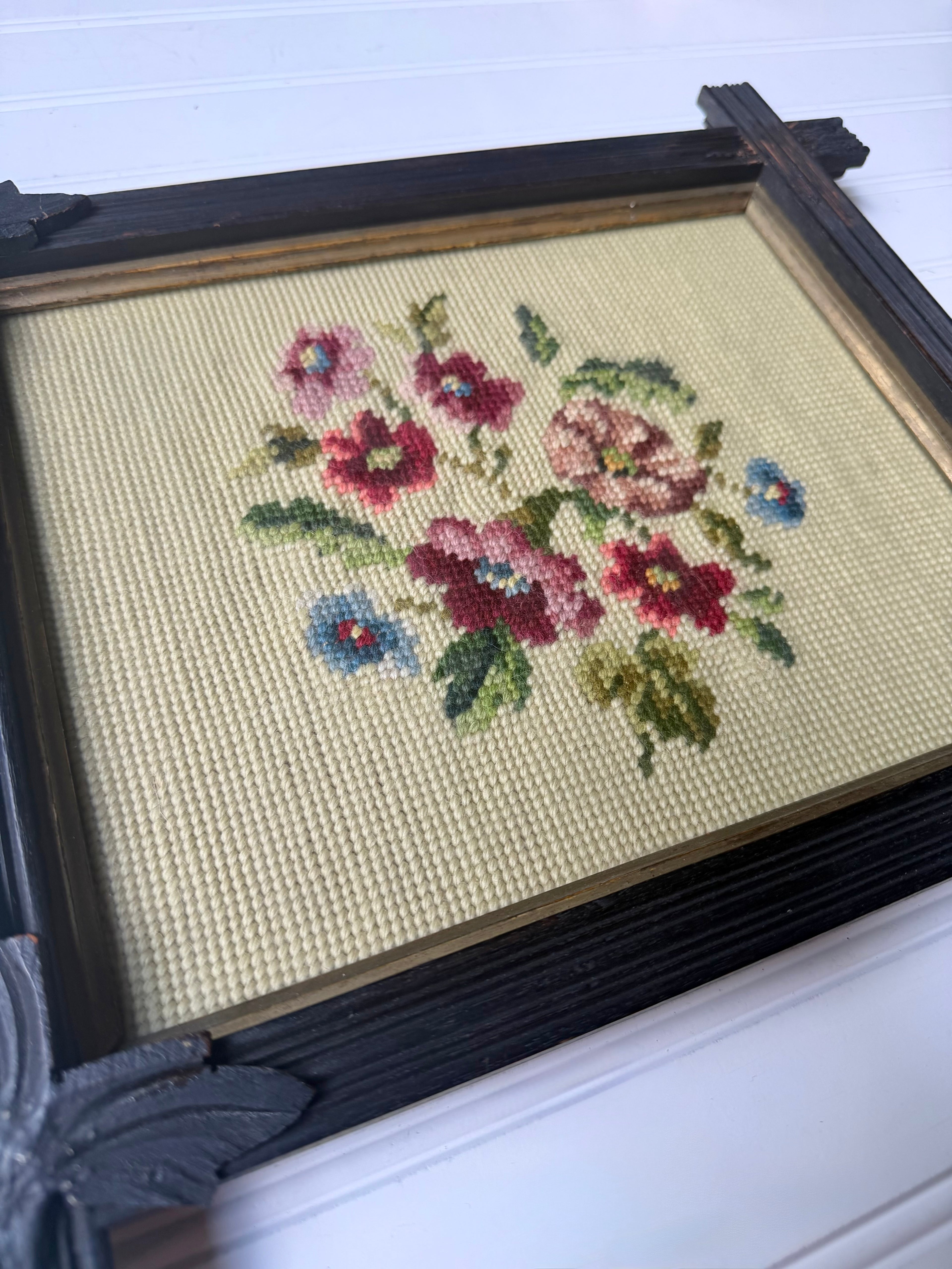 Antique Needle Work in Black Forest Frame