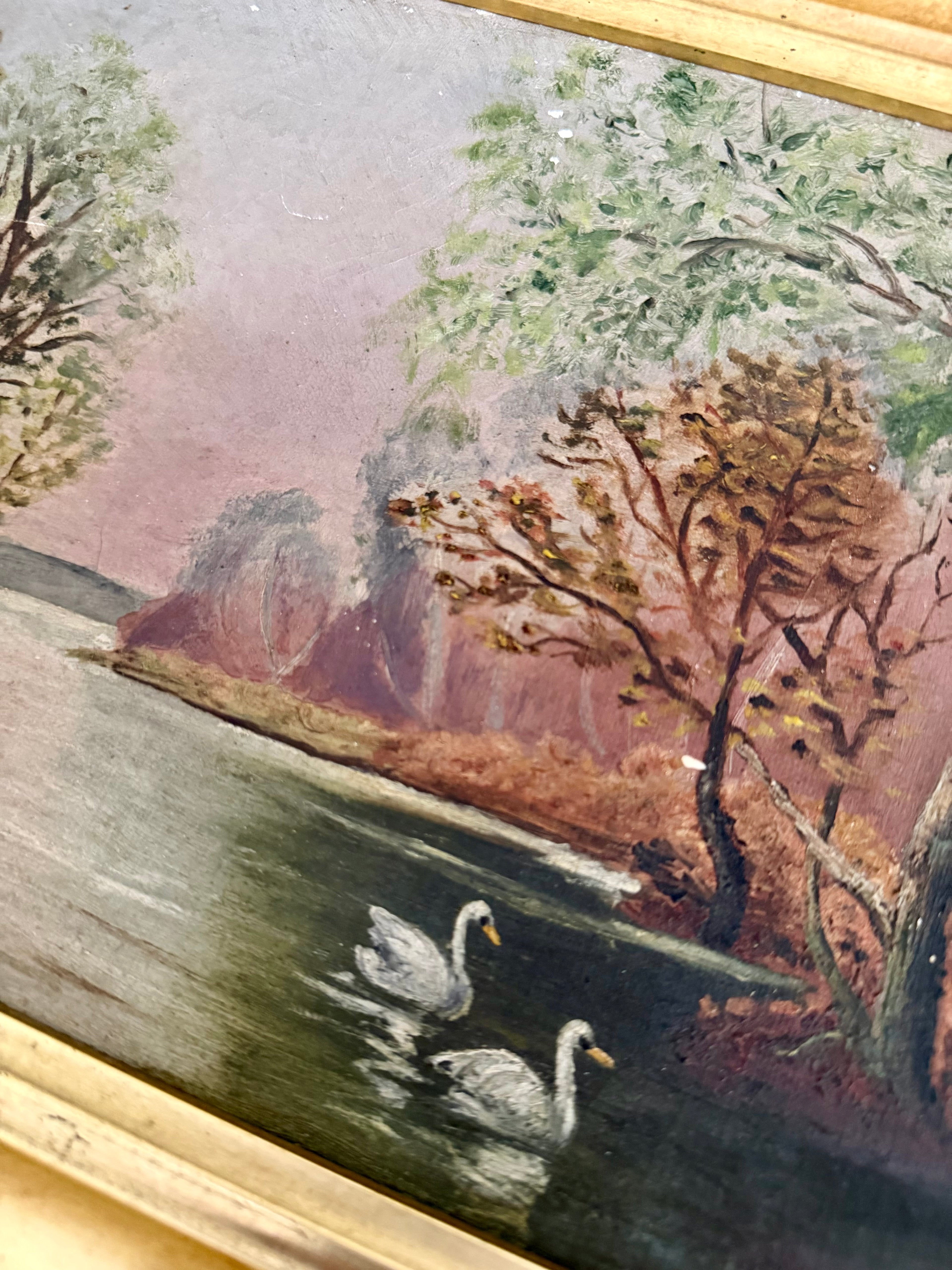Antique River Swan Oil Painting